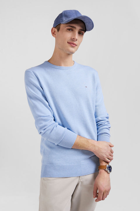 Regular sky blue wool and cotton crew neck jumper - Image 3