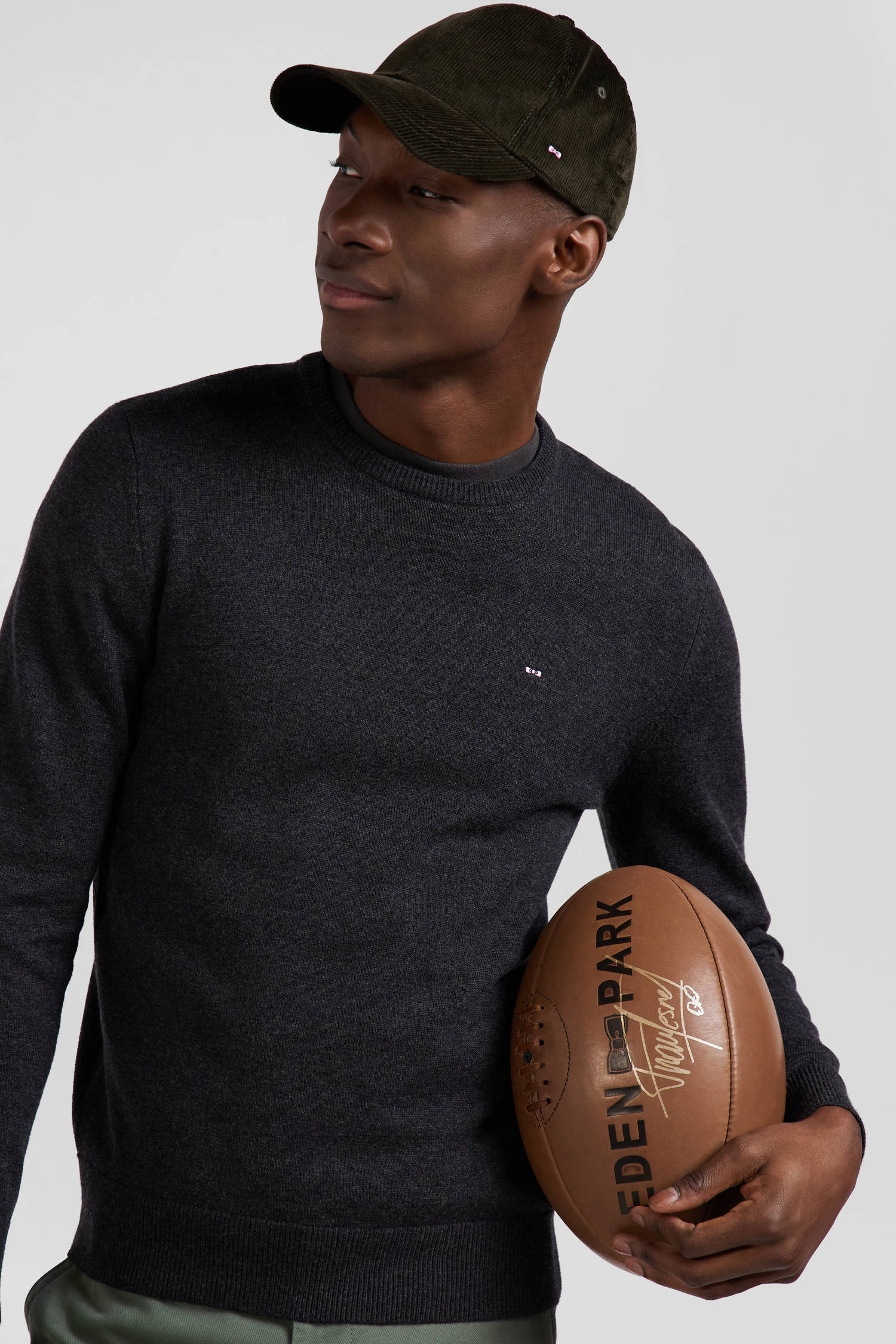 Regular anthracite grey wool and cotton crew neck jumper