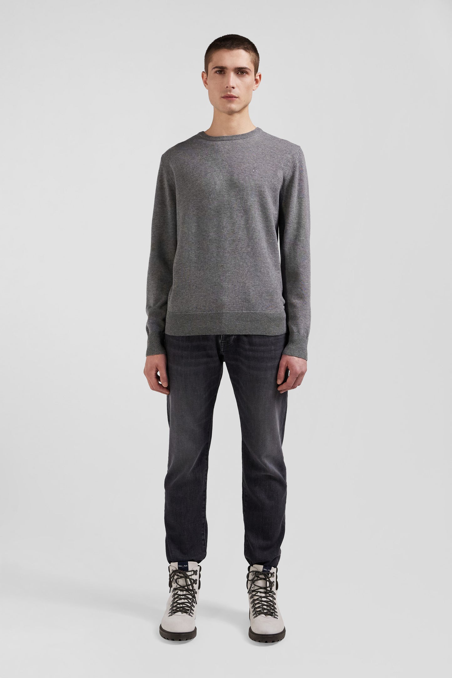 Regular light grey wool and cotton crew neck jumper