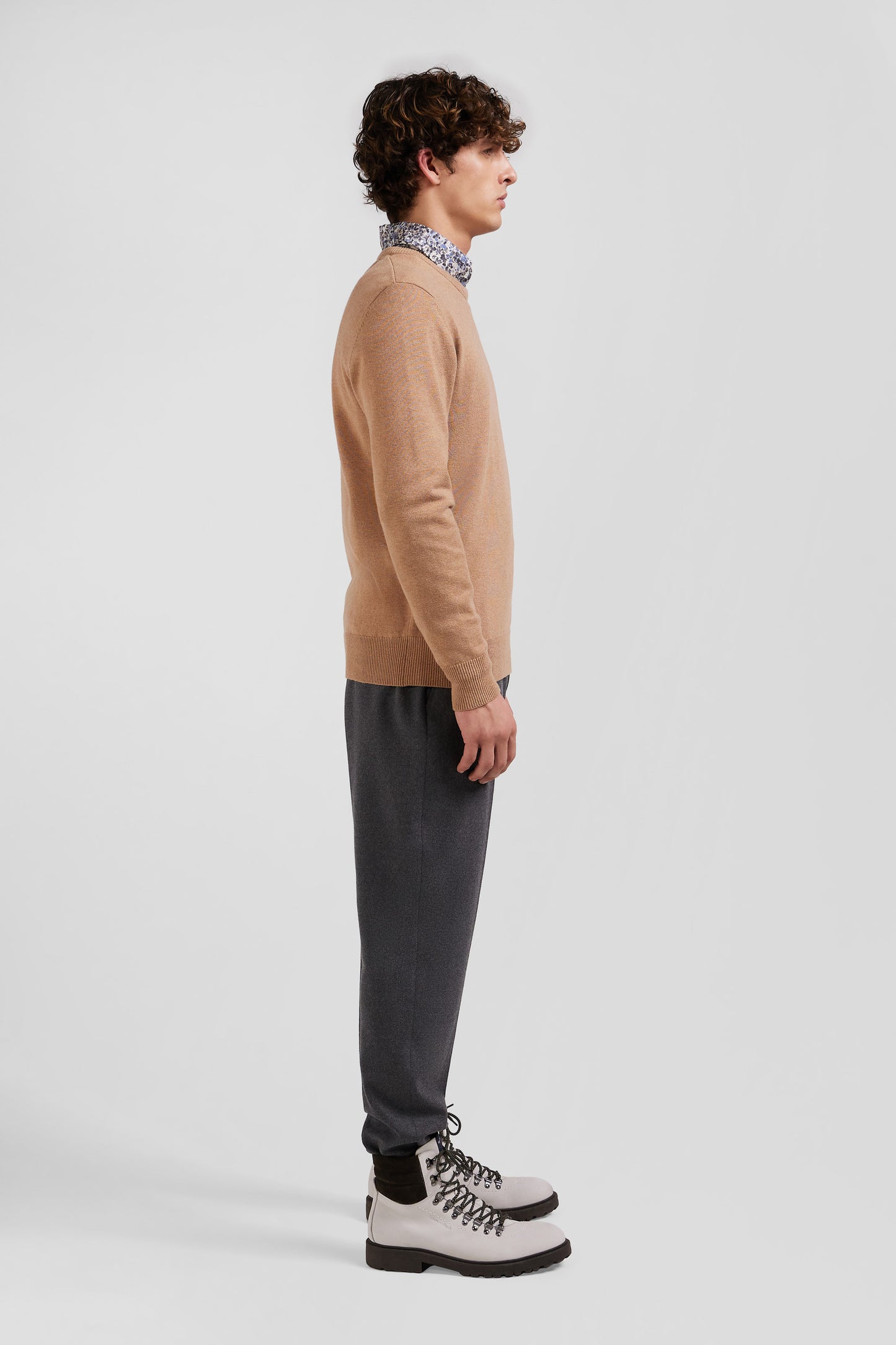 Regular camel wool and cotton crew neck jumper
