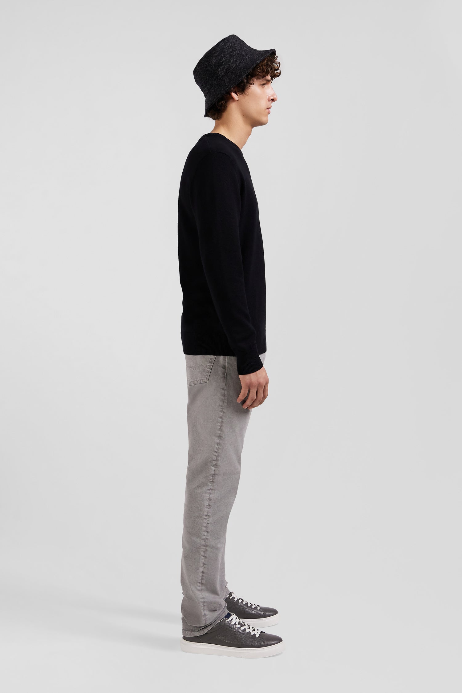 Regular black wool and cotton crew neck jumper