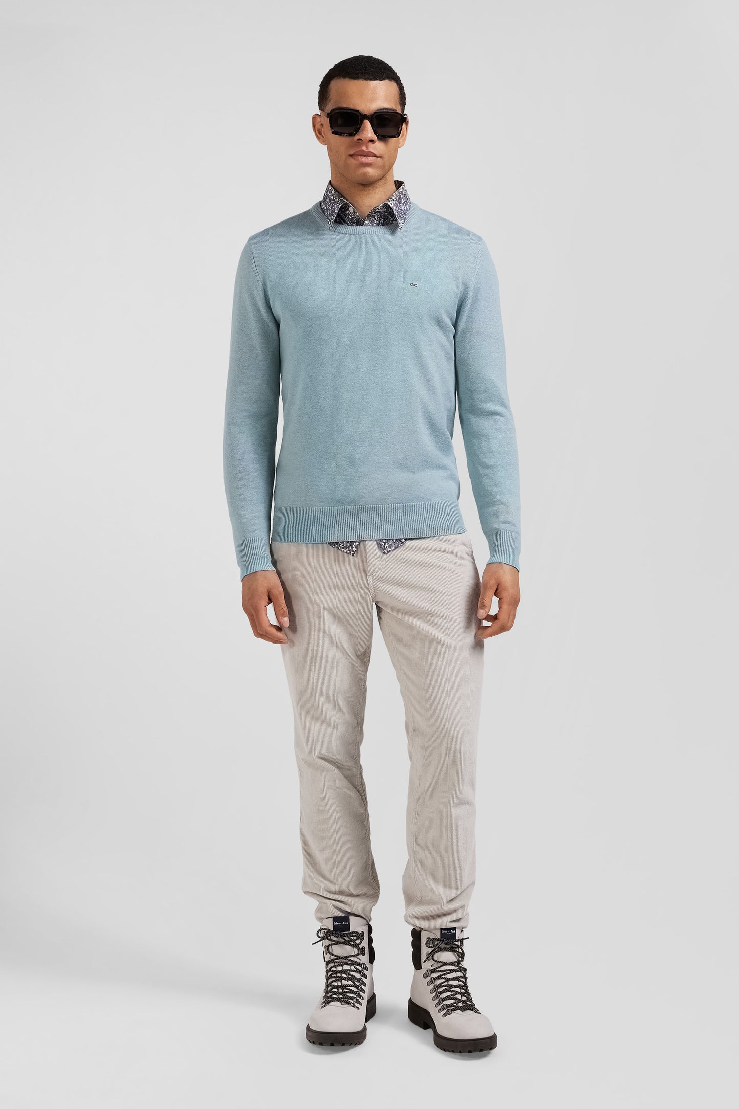 Regular green wool and cotton crew neck jumper