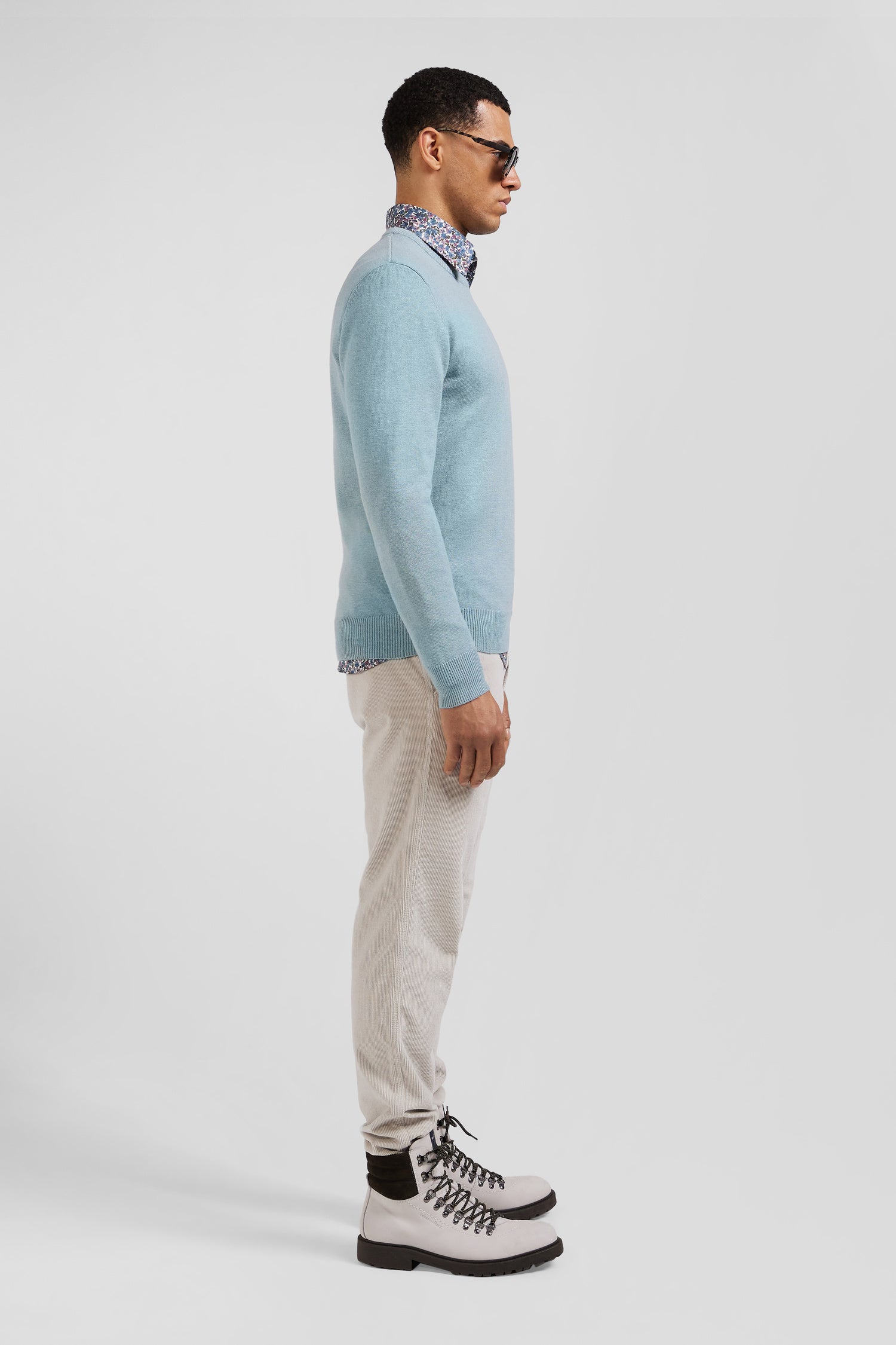 Regular green wool and cotton crew neck jumper