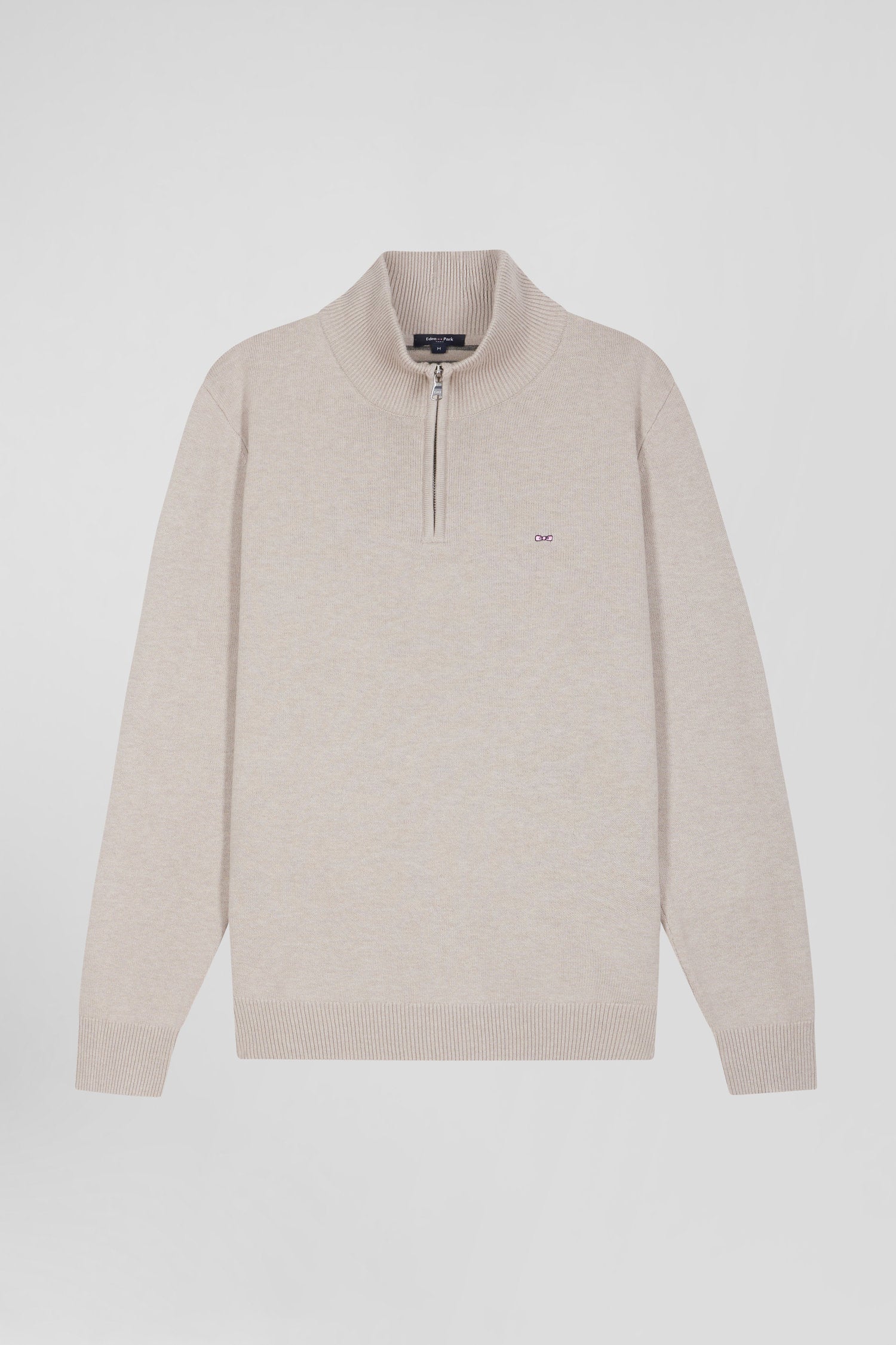 Regular beige semi-zipped wool and cotton jumper