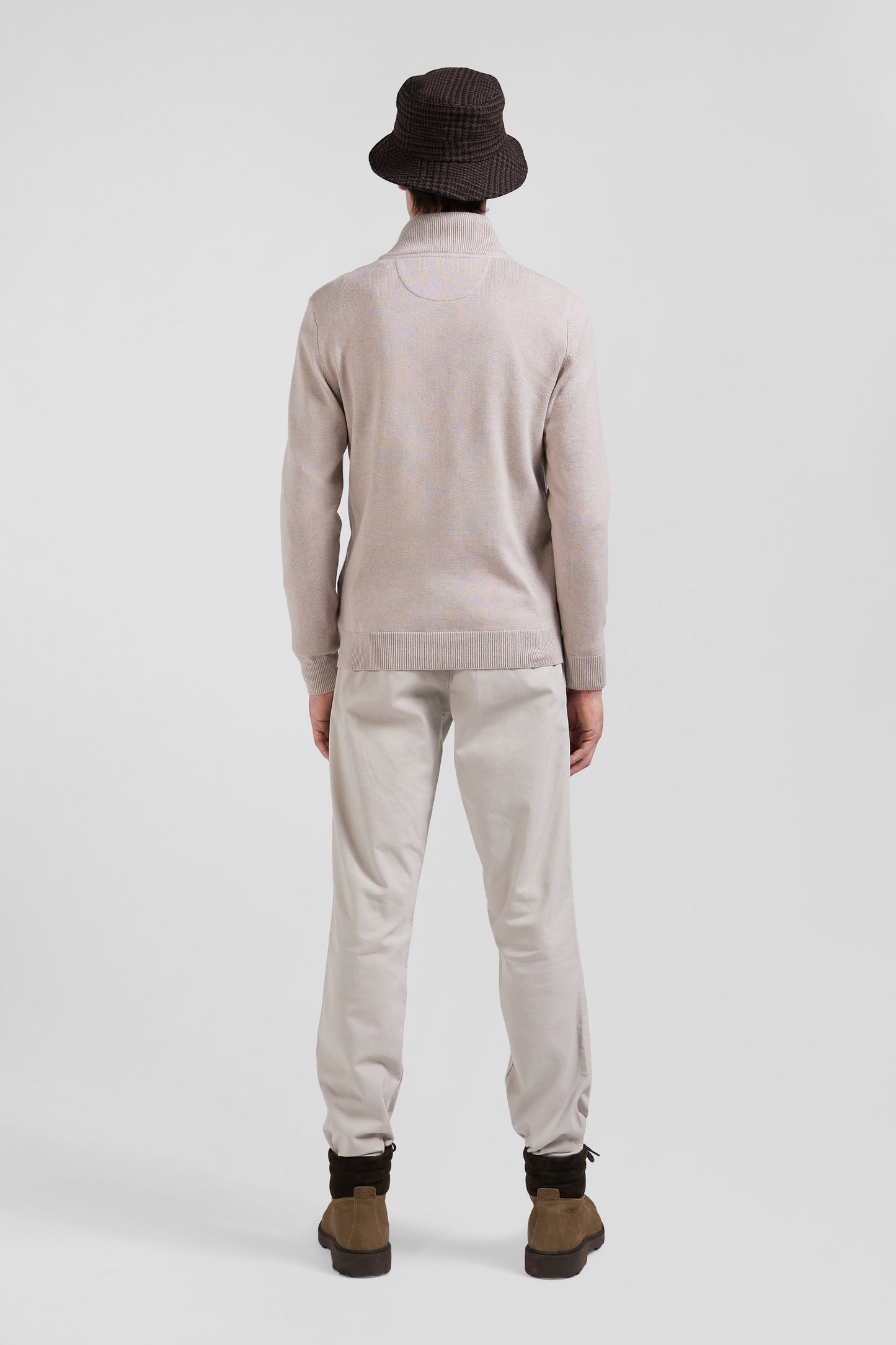 Regular beige semi-zipped wool and cotton jumper