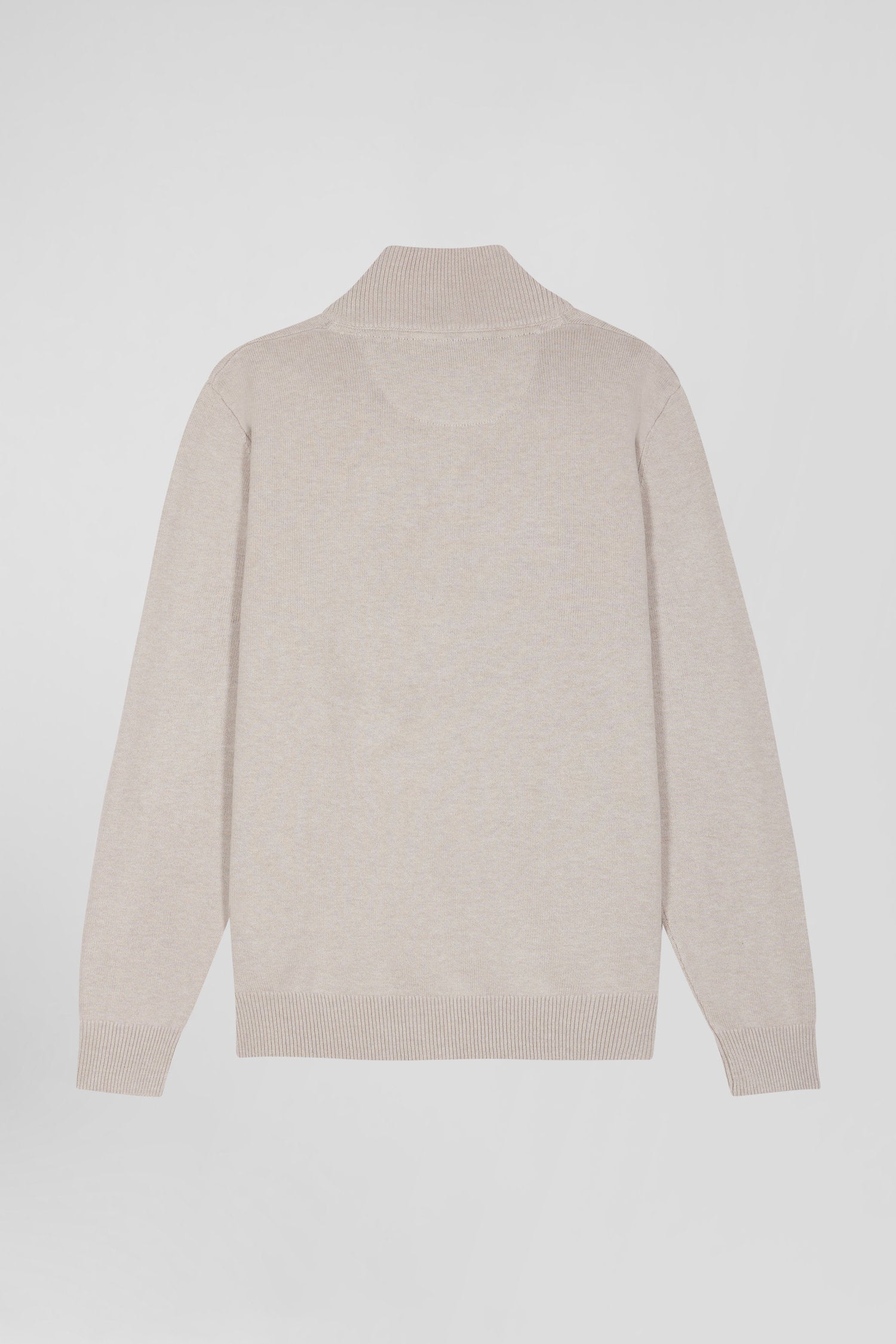 Regular beige semi-zipped wool and cotton jumper