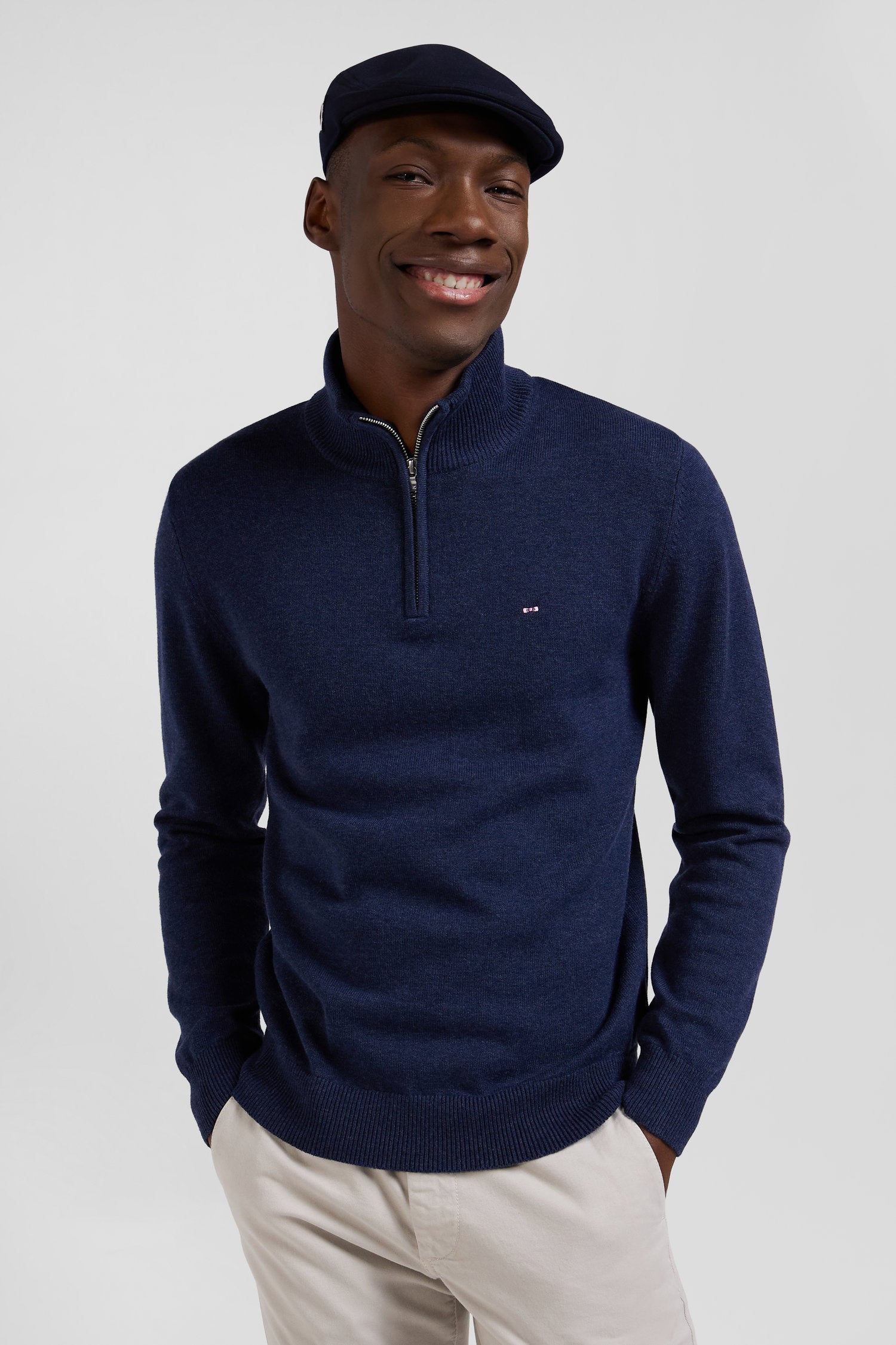 Regular dark blue semi-zipped wool and cotton jumper