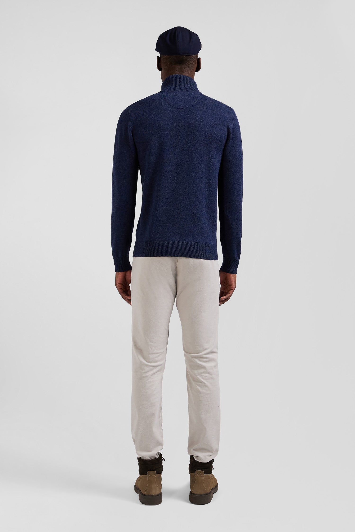 Regular dark blue semi-zipped wool and cotton jumper