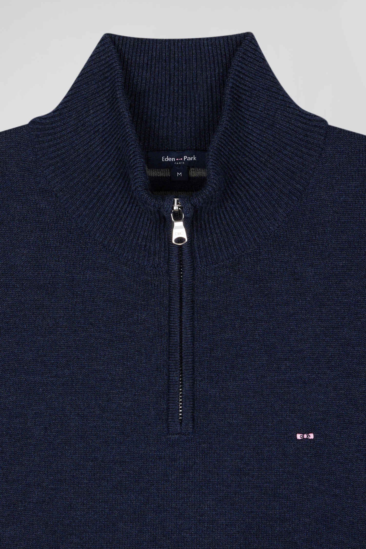 Regular dark blue semi-zipped wool and cotton jumper