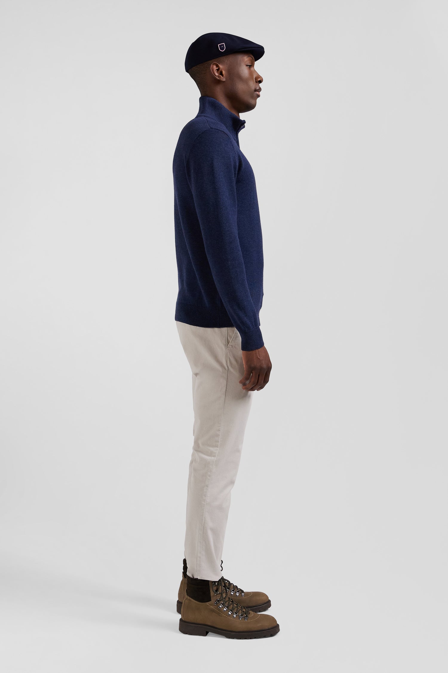 Regular dark blue semi-zipped wool and cotton jumper