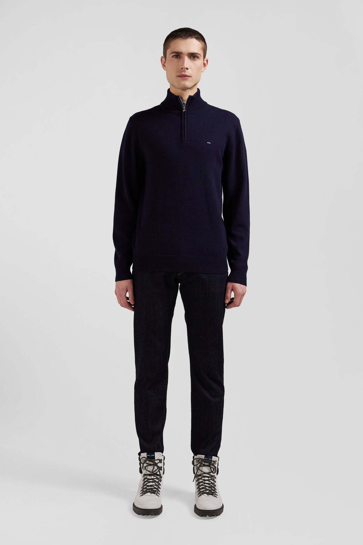 Regular navy blue semi-zipped wool and cotton jumper