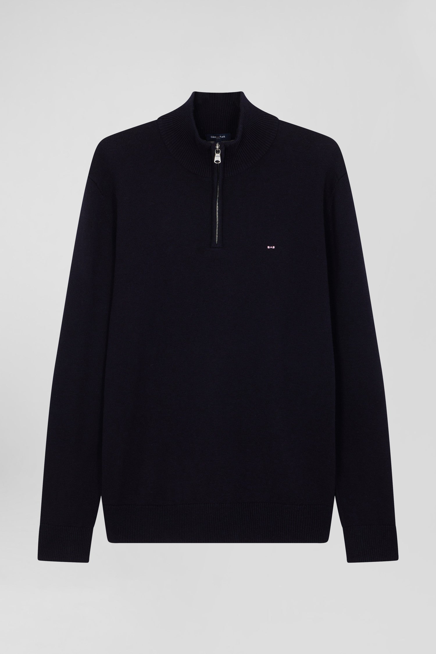 Regular navy blue semi-zipped wool and cotton jumper