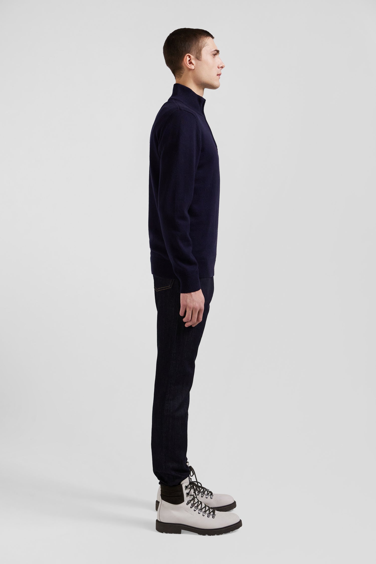 Regular navy blue semi-zipped wool and cotton jumper