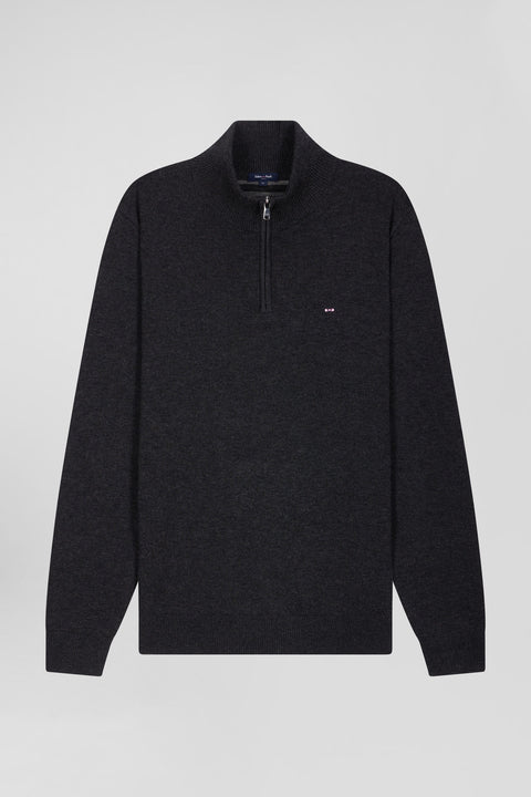 Regular anthracite grey semi-zipped wool and cotton jumper - Image 2