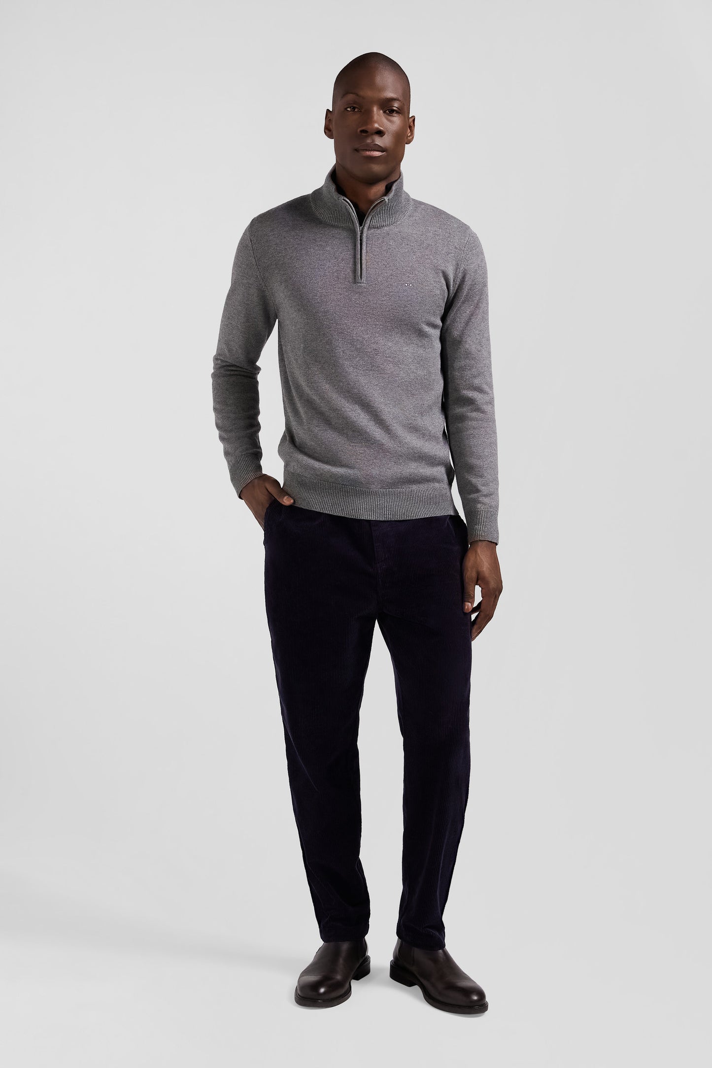 Regular light grey semi-zipped wool and cotton jumper