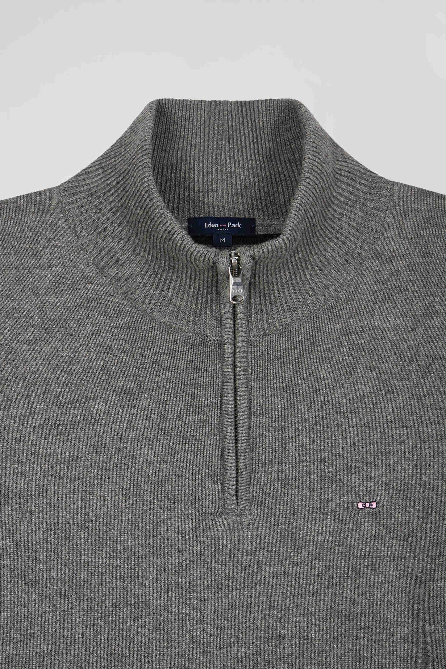 Regular light grey semi-zipped wool and cotton jumper