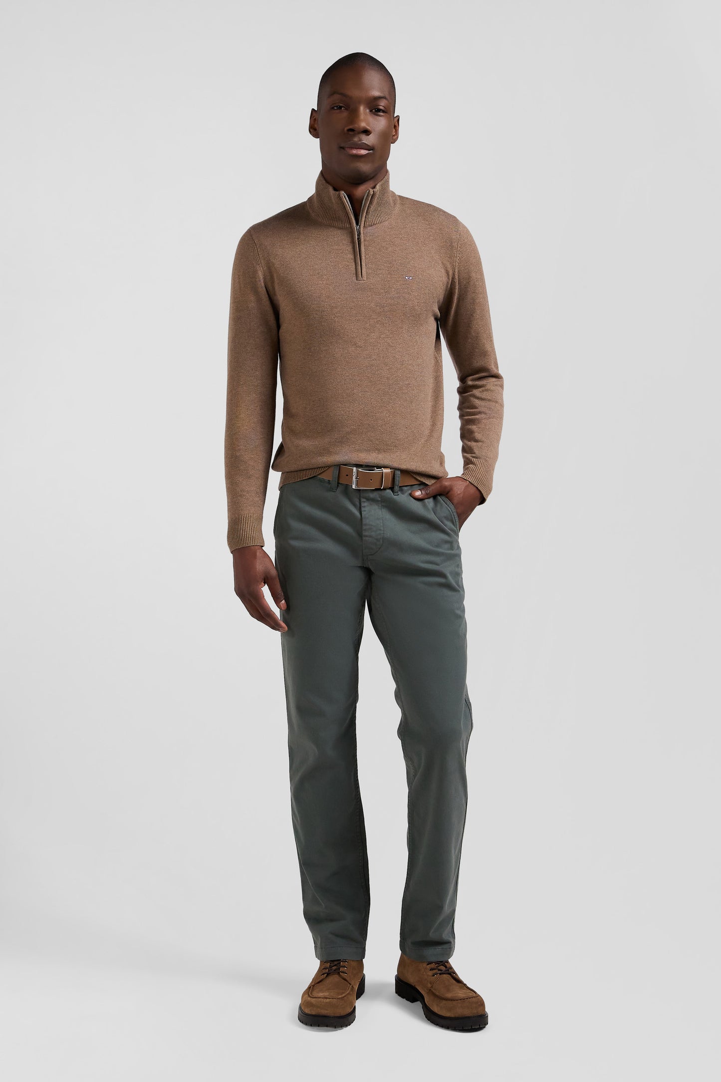 Regular brown semi-zipped wool and cotton jumper