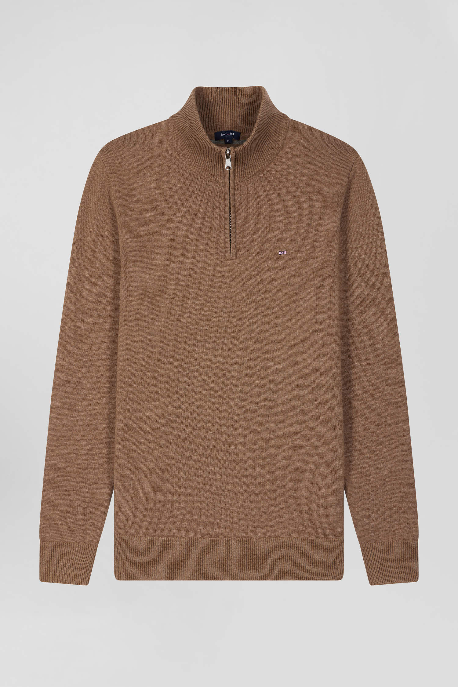 Regular brown semi-zipped wool and cotton jumper