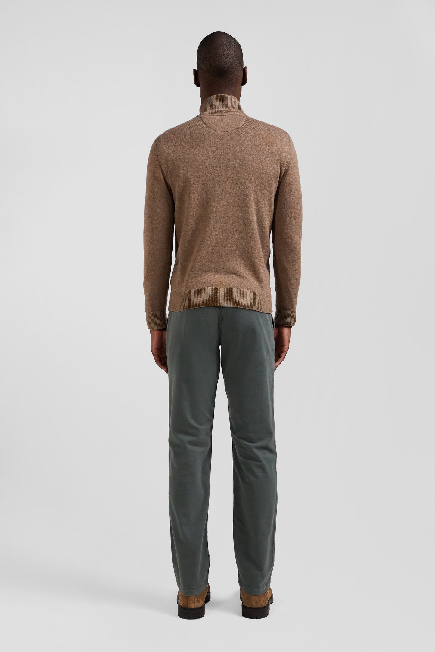 Regular brown semi-zipped wool and cotton jumper