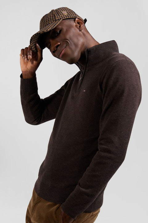 Regular dark brown semi-zipped wool and cotton jumper - Image 3