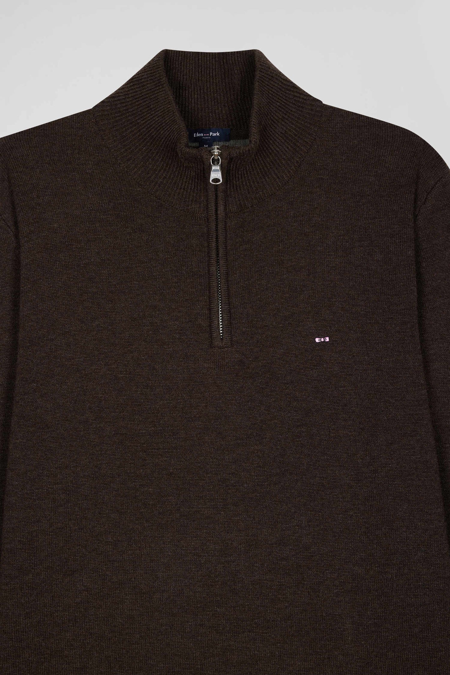 Regular dark brown semi-zipped wool and cotton jumper