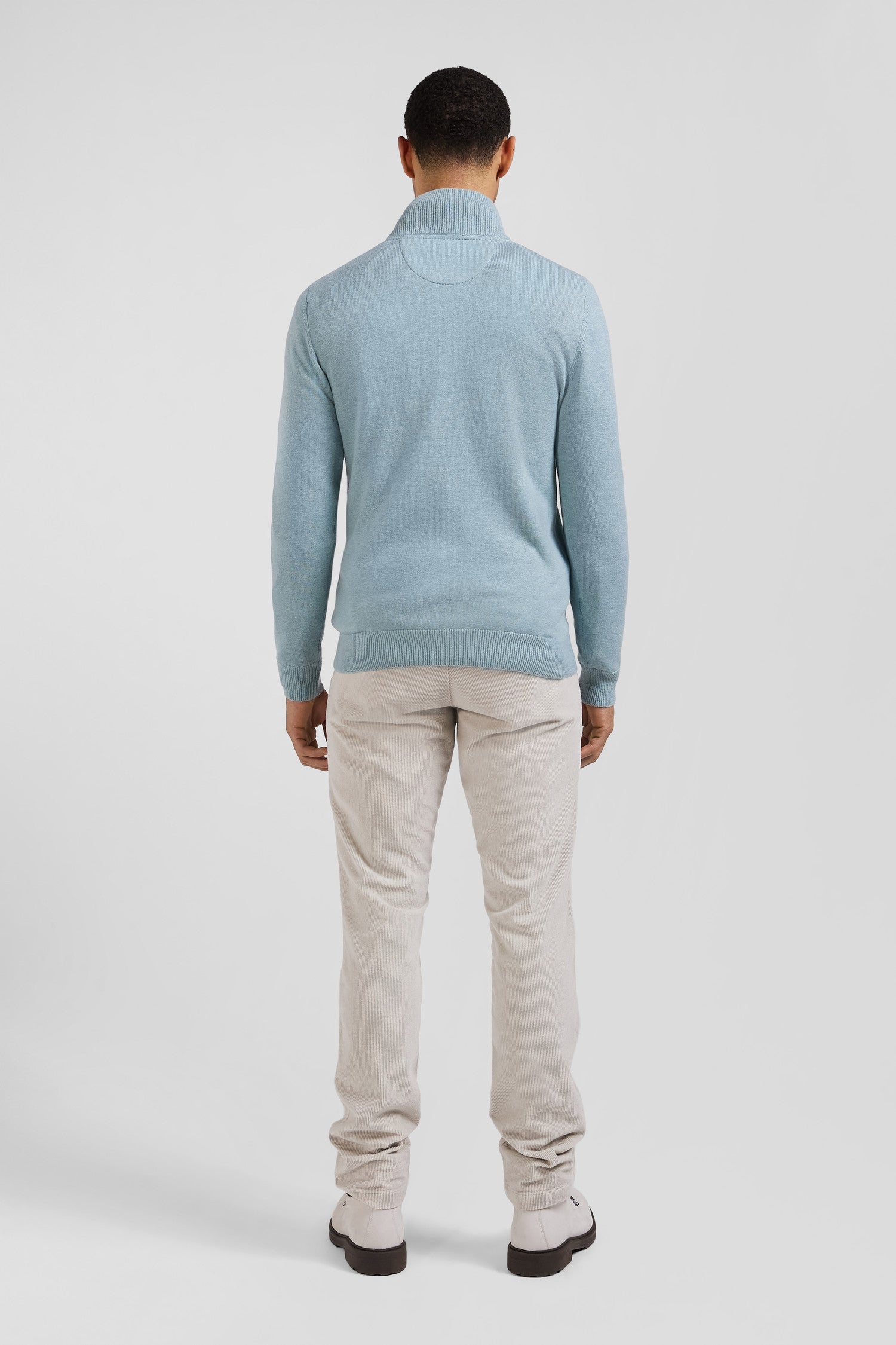 Regular green semi-zipped wool and cotton jumper