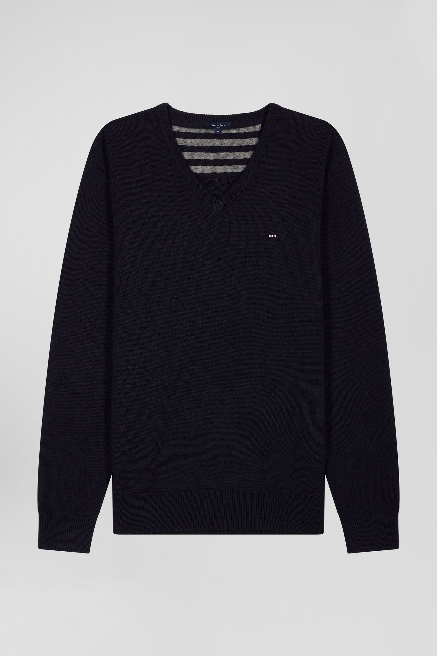 Regular navy wool and cotton V-neck jumper with striped details