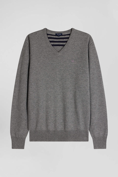 Regular grey wool and cotton V-neck jumper with striped details - Image 2