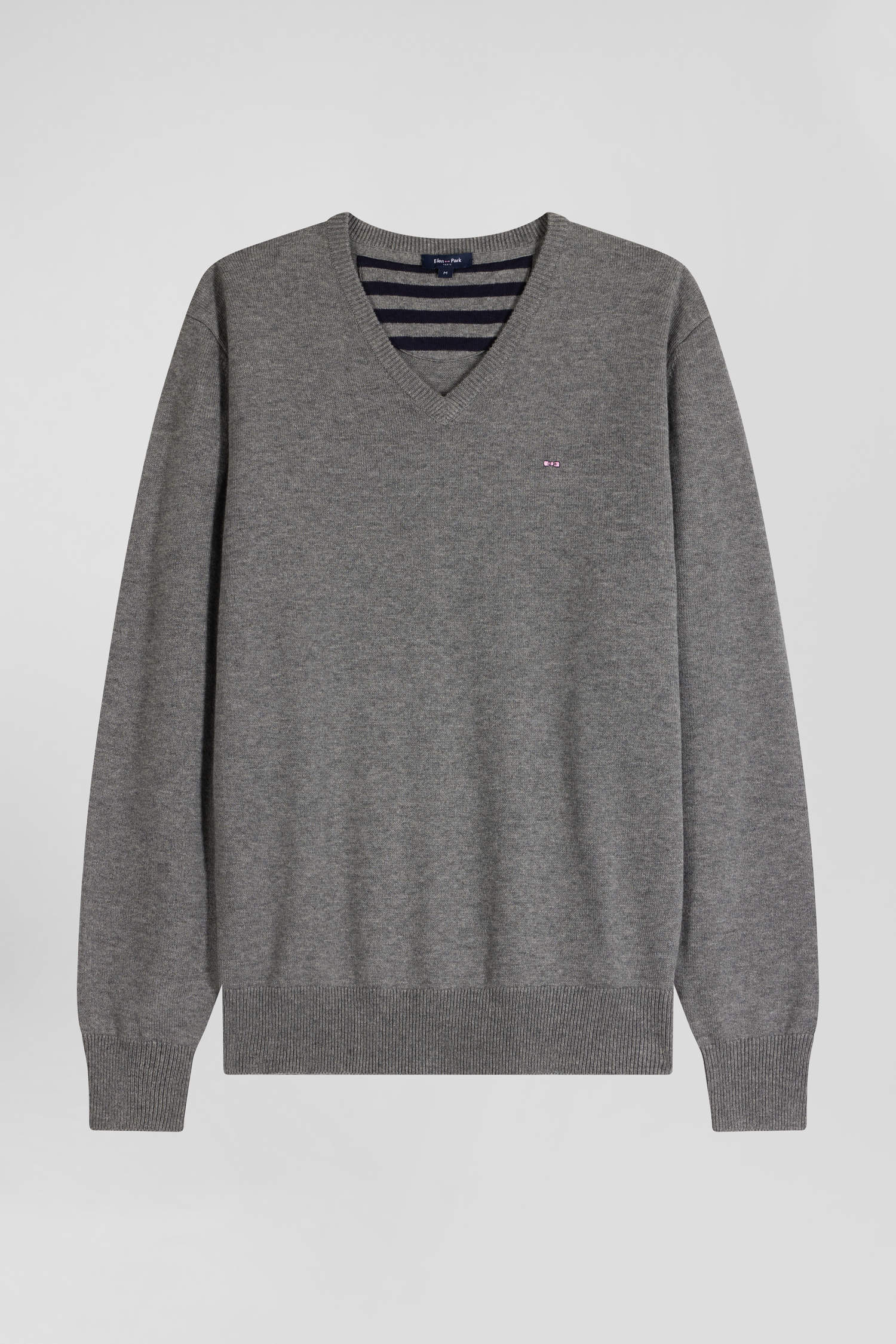 Regular grey wool and cotton V-neck jumper with striped details