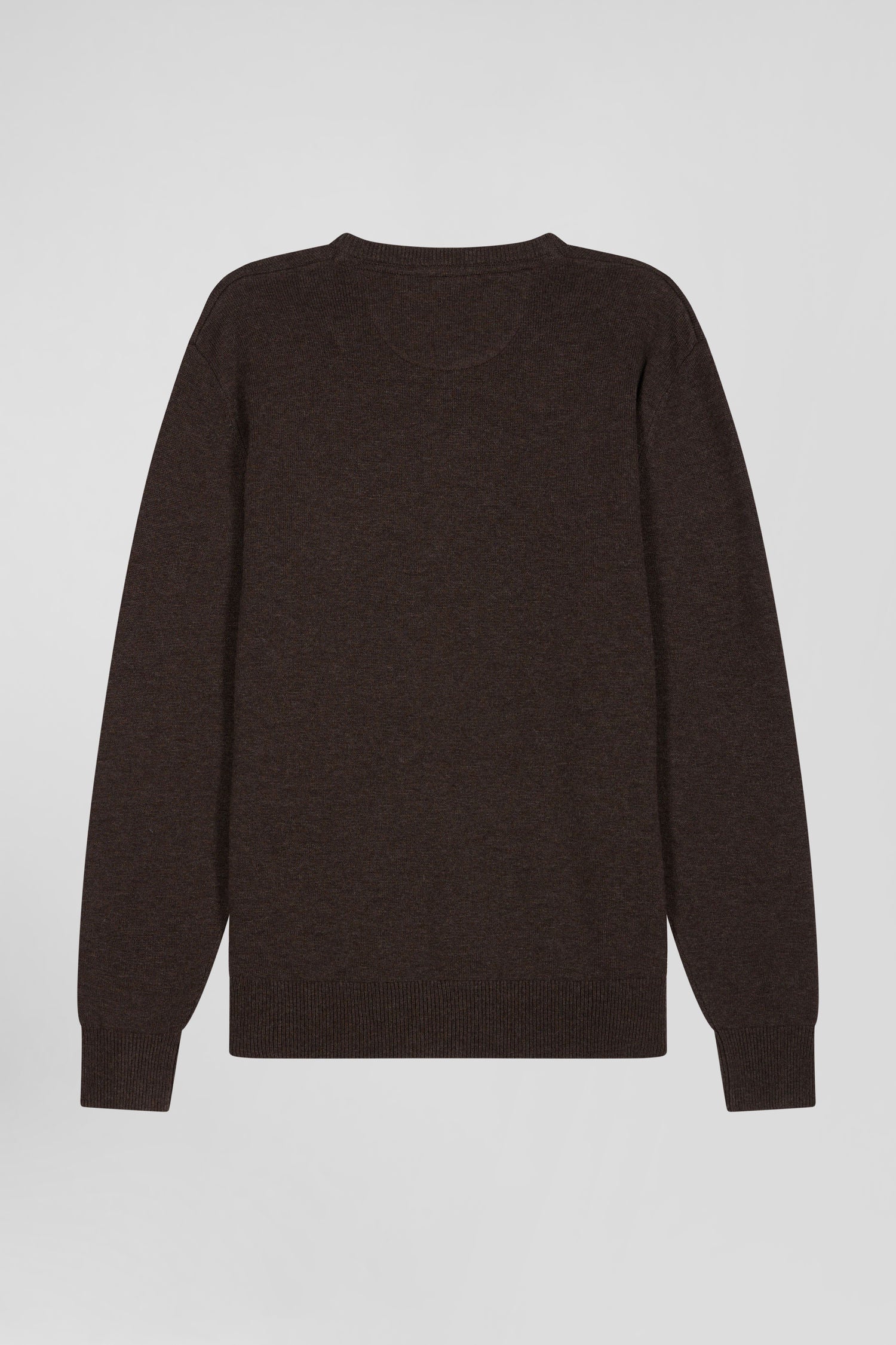 Regular brown wool and cotton V-neck jumper with striped details