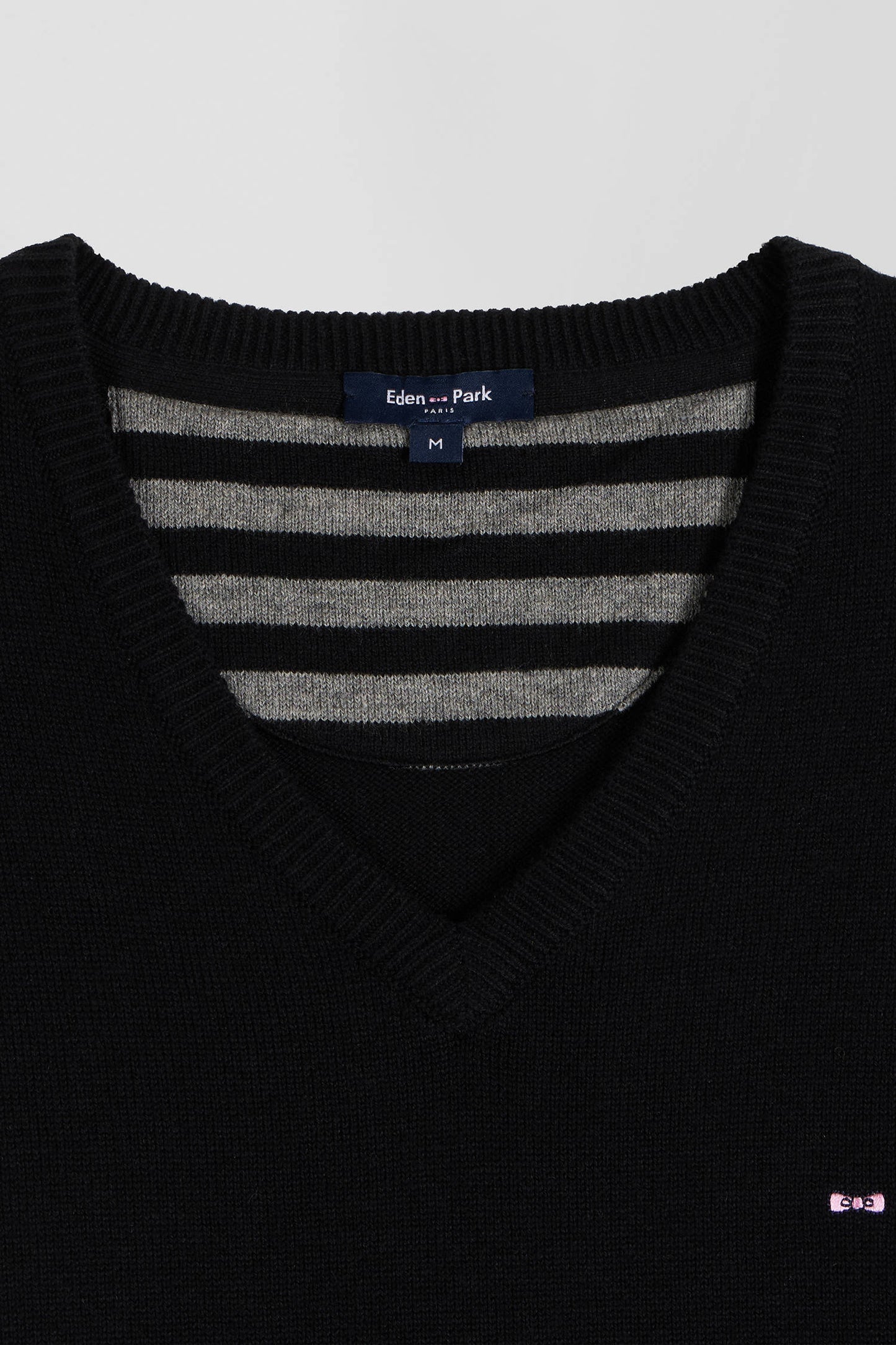 Regular black wool and cotton V-neck jumper with striped details