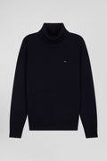 Regular navy blue wool and cotton turtleneck jumper