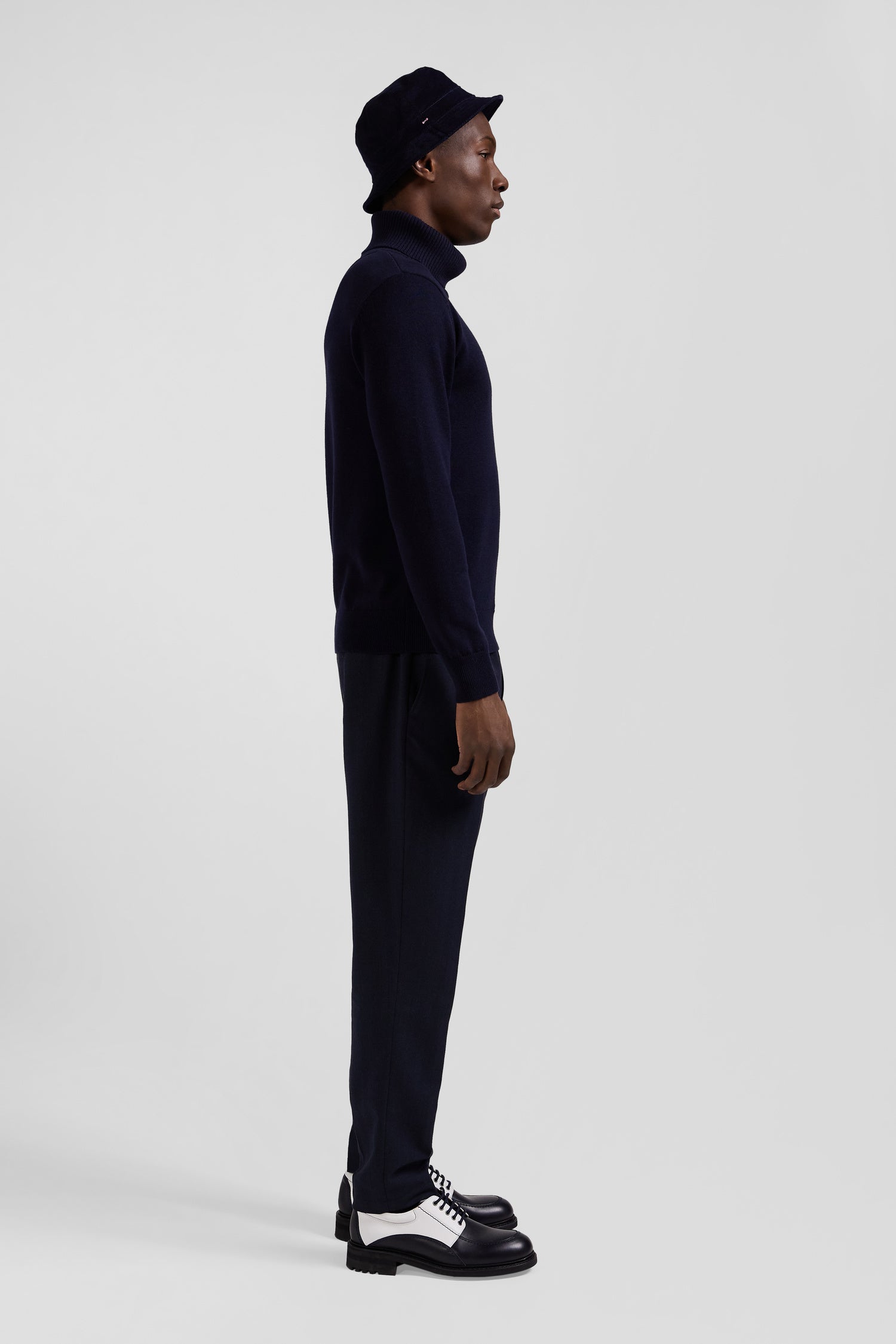 Regular navy blue wool and cotton turtleneck jumper