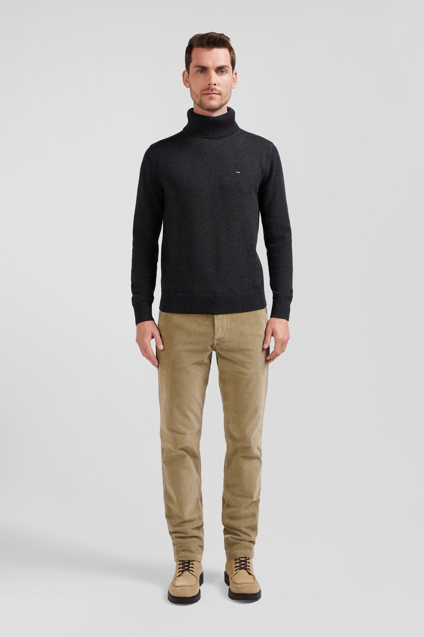 Regular anthracite grey wool and cotton turtleneck jumper