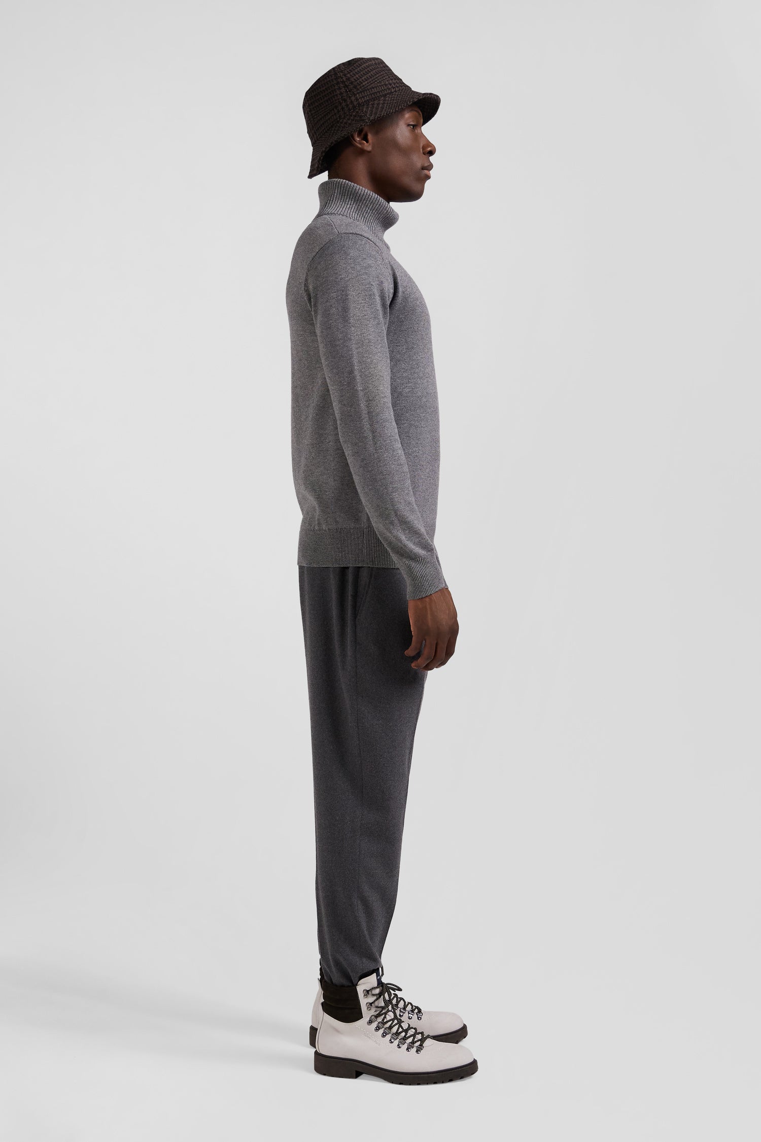 Regular grey wool and cotton turtleneck jumper