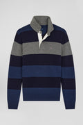 Regular navy blue striped wool and cotton jumper with rugby shirt collar