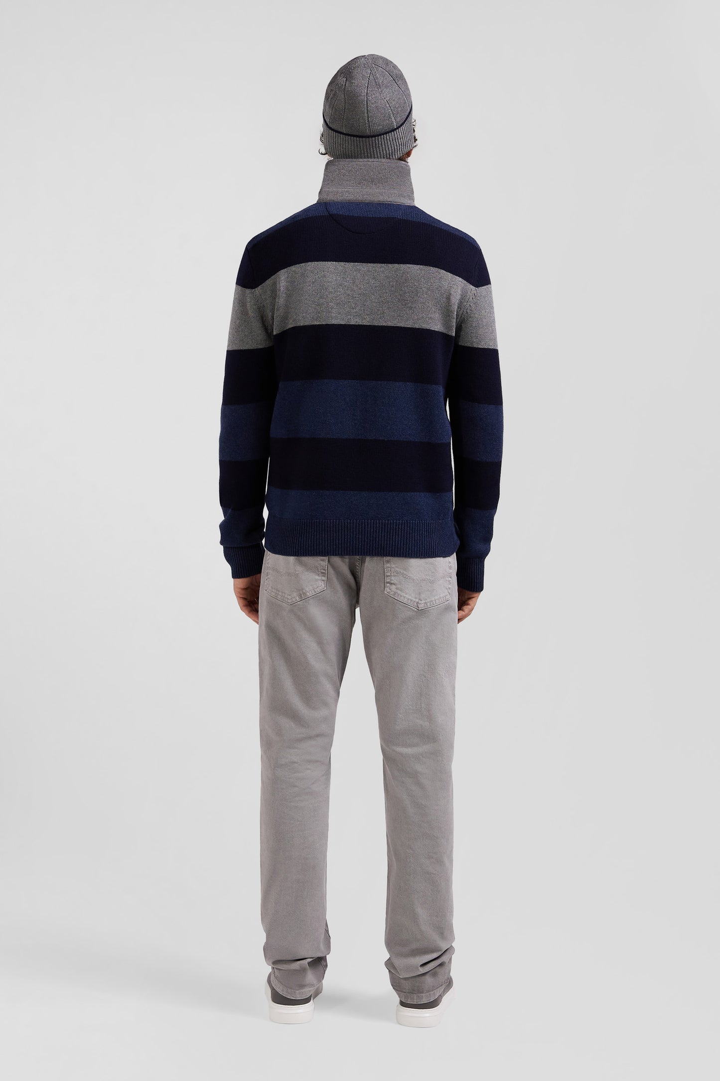 Regular navy blue striped wool and cotton jumper with rugby shirt collar