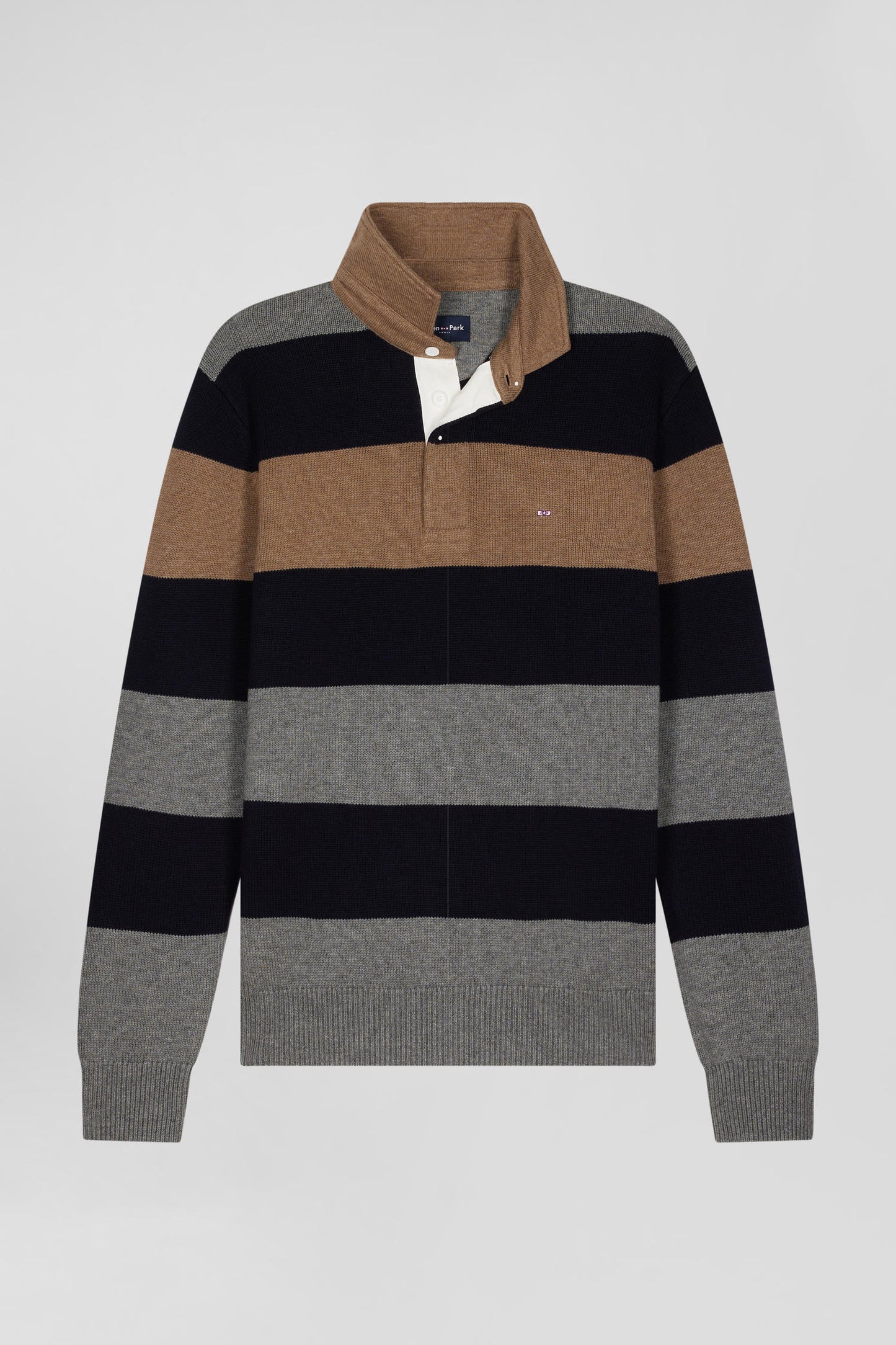 Regular grey striped wool and cotton jumper with rugby shirt collar