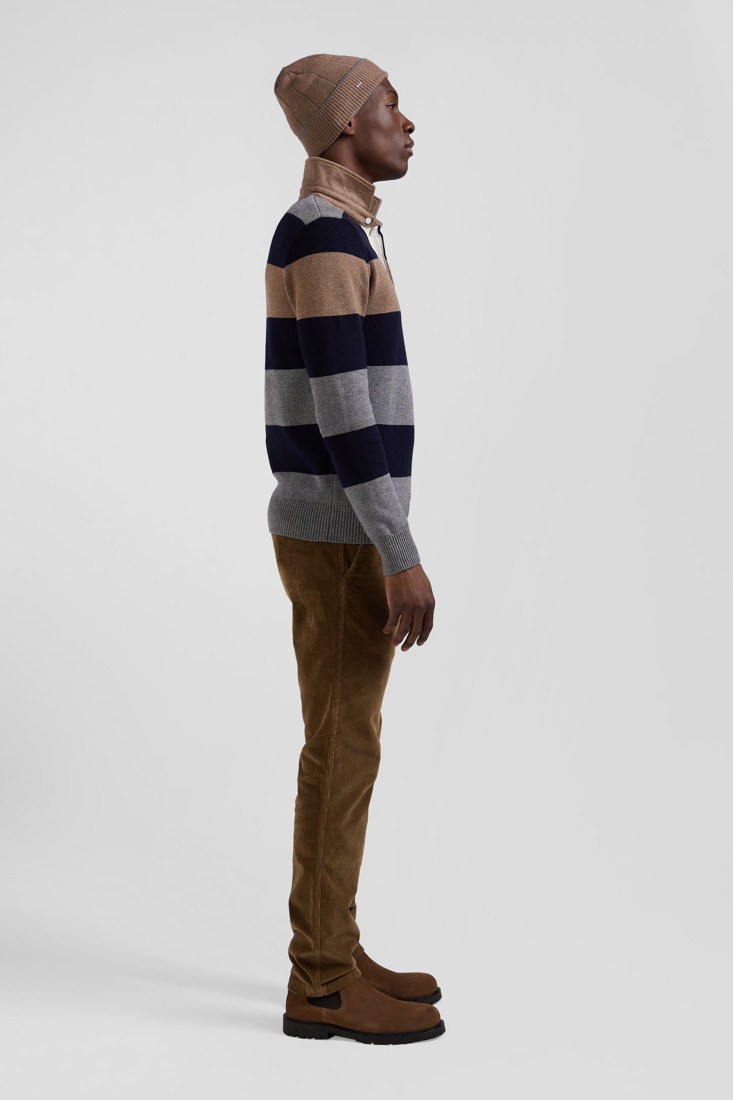 Regular grey striped wool and cotton jumper with rugby shirt collar