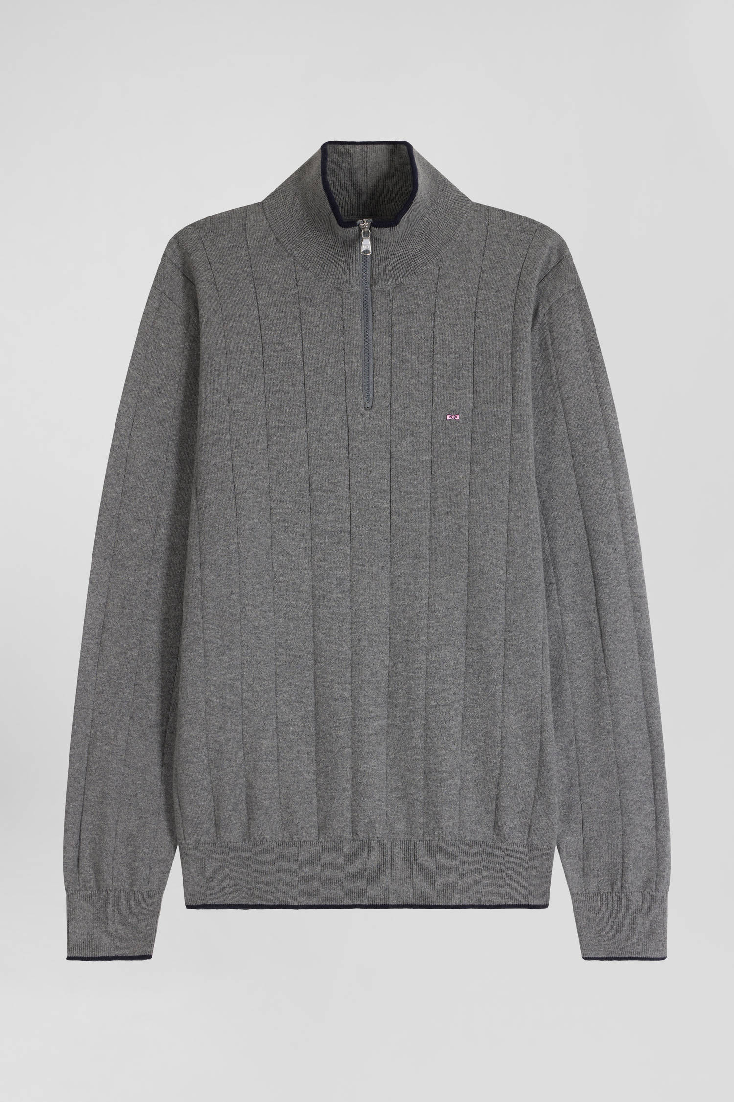 Regular grey semi-zipped cotton and cashmere jumper