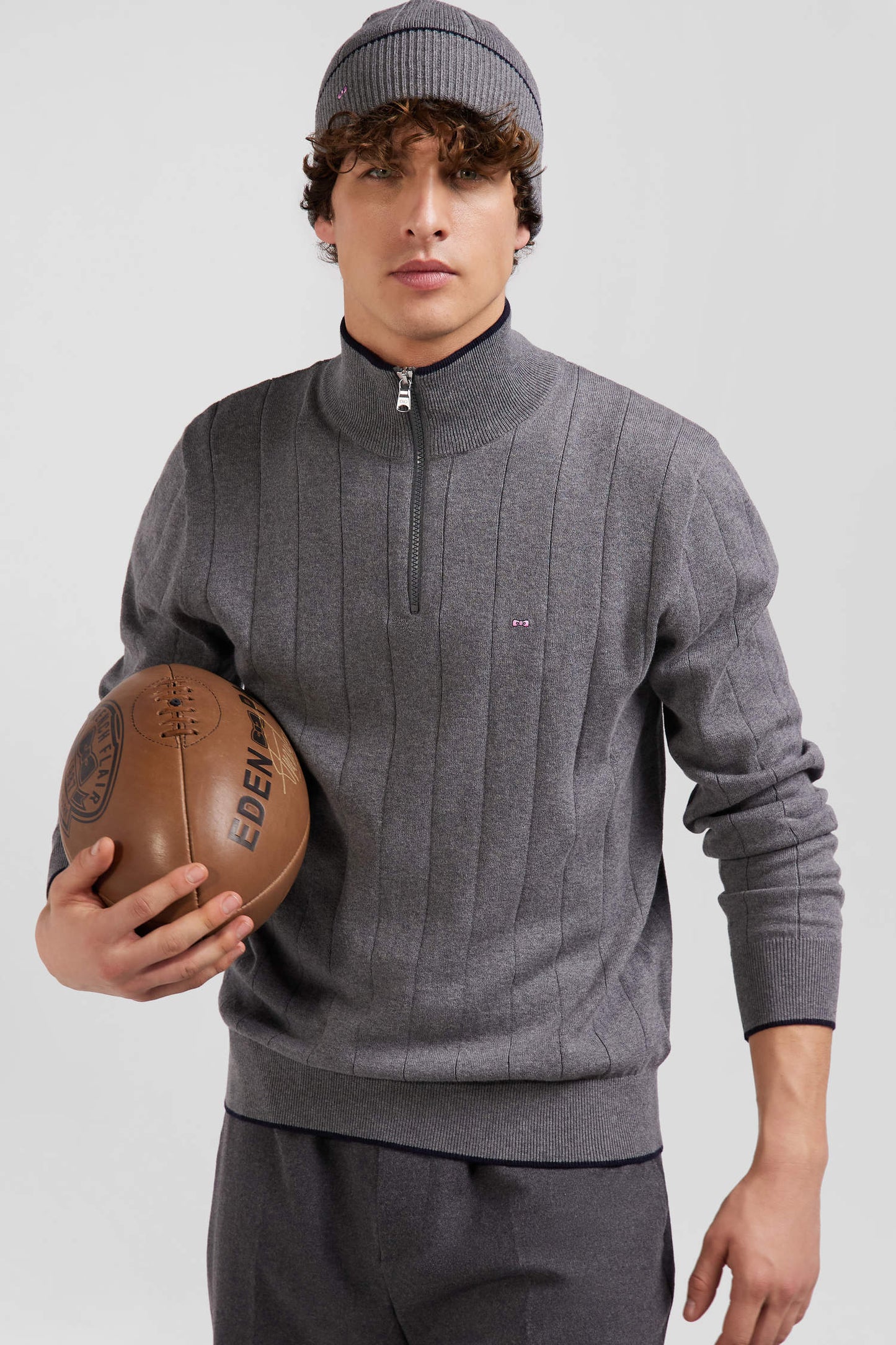 Regular grey semi-zipped cotton and cashmere jumper