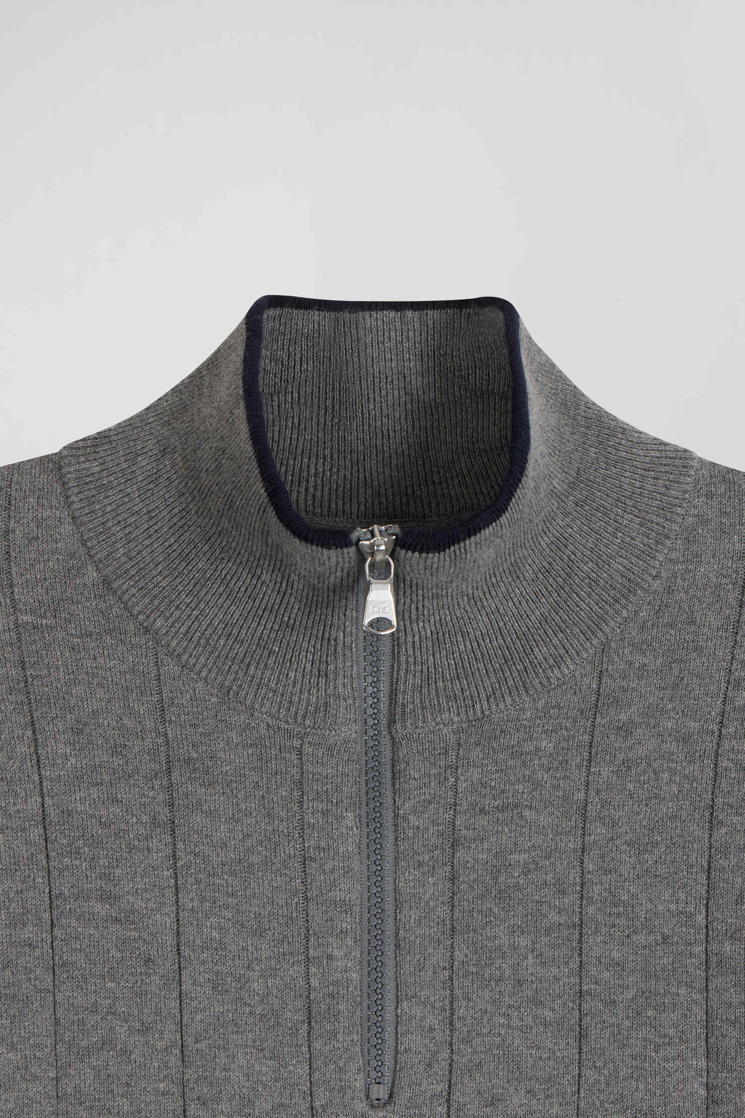 Regular grey semi-zipped cotton and cashmere jumper