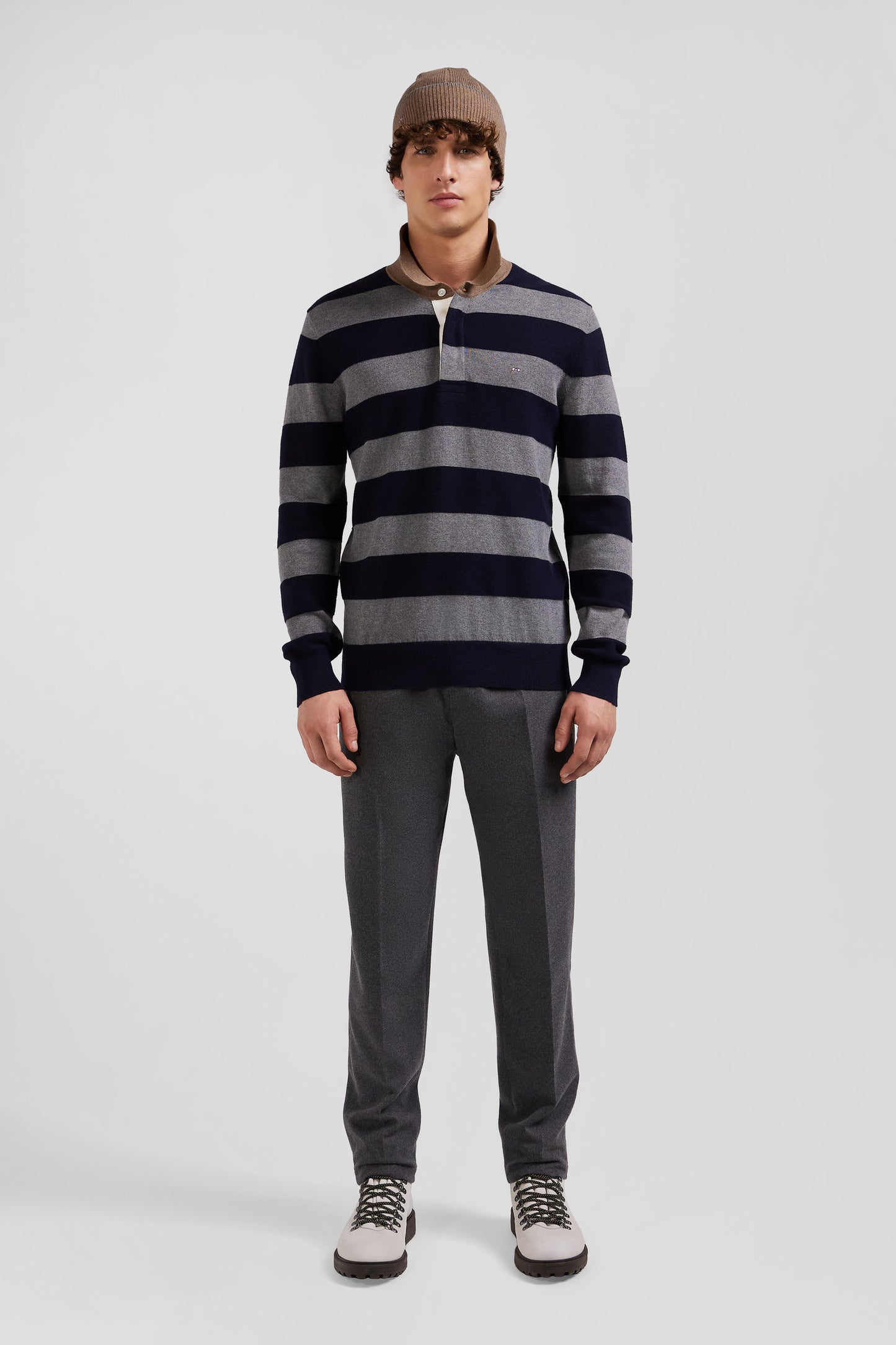 Regular navy blue striped cotton and cashmere jumper with rugby shirt collar