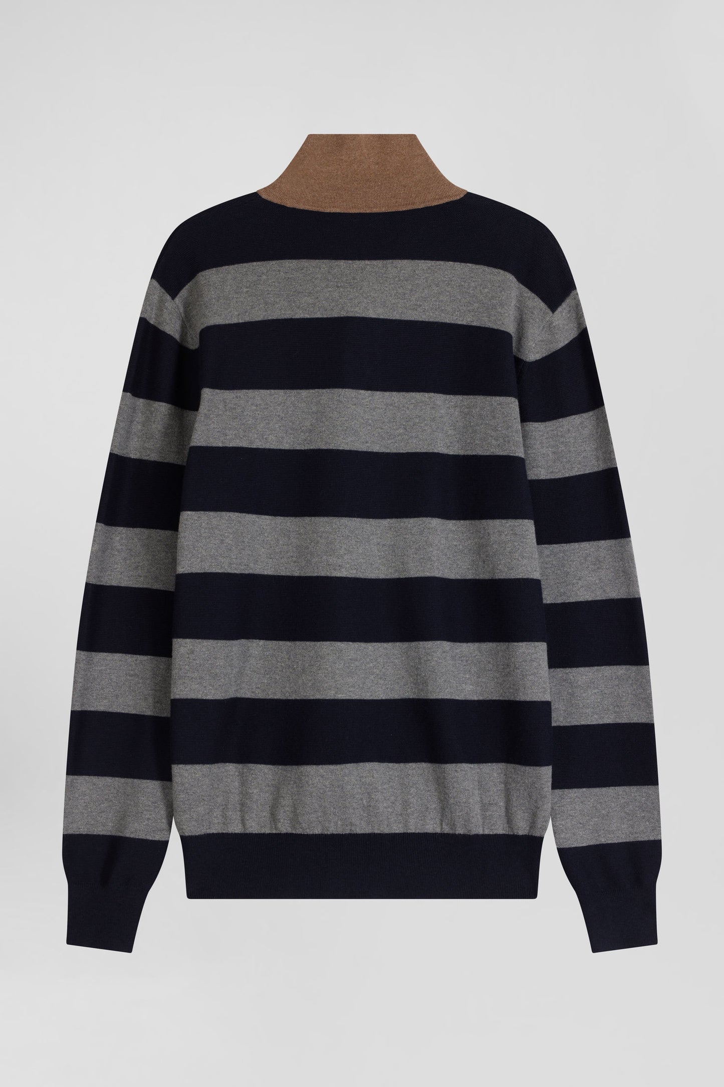 Regular navy blue striped cotton and cashmere jumper with rugby shirt collar