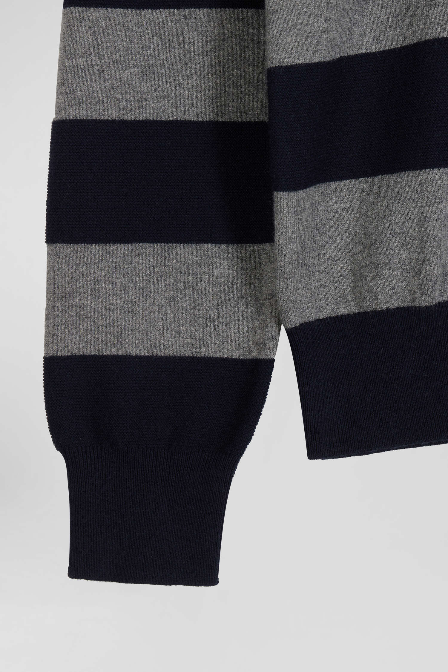 Regular navy blue striped cotton and cashmere jumper with rugby shirt collar