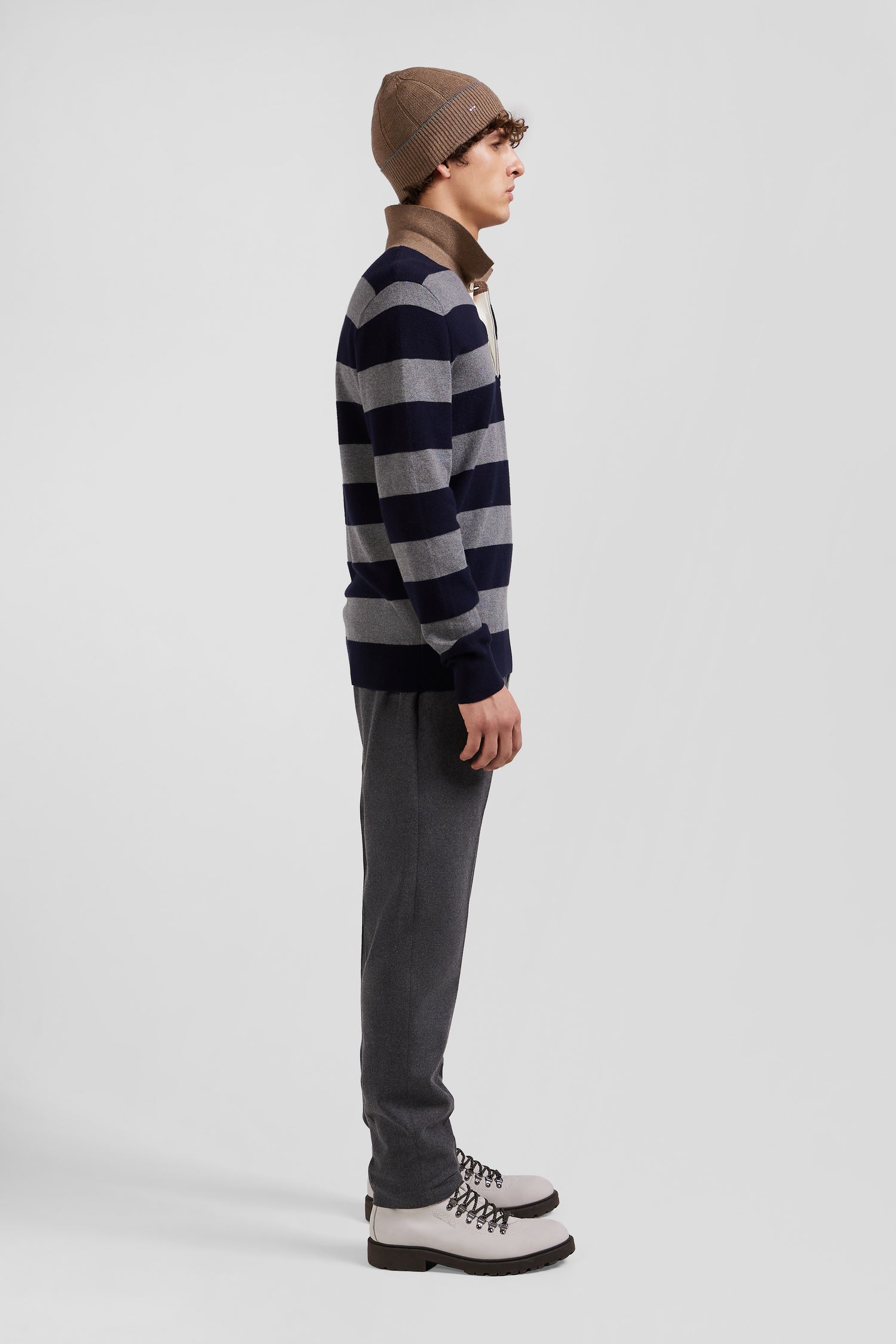 Regular navy blue striped cotton and cashmere jumper with rugby shirt collar