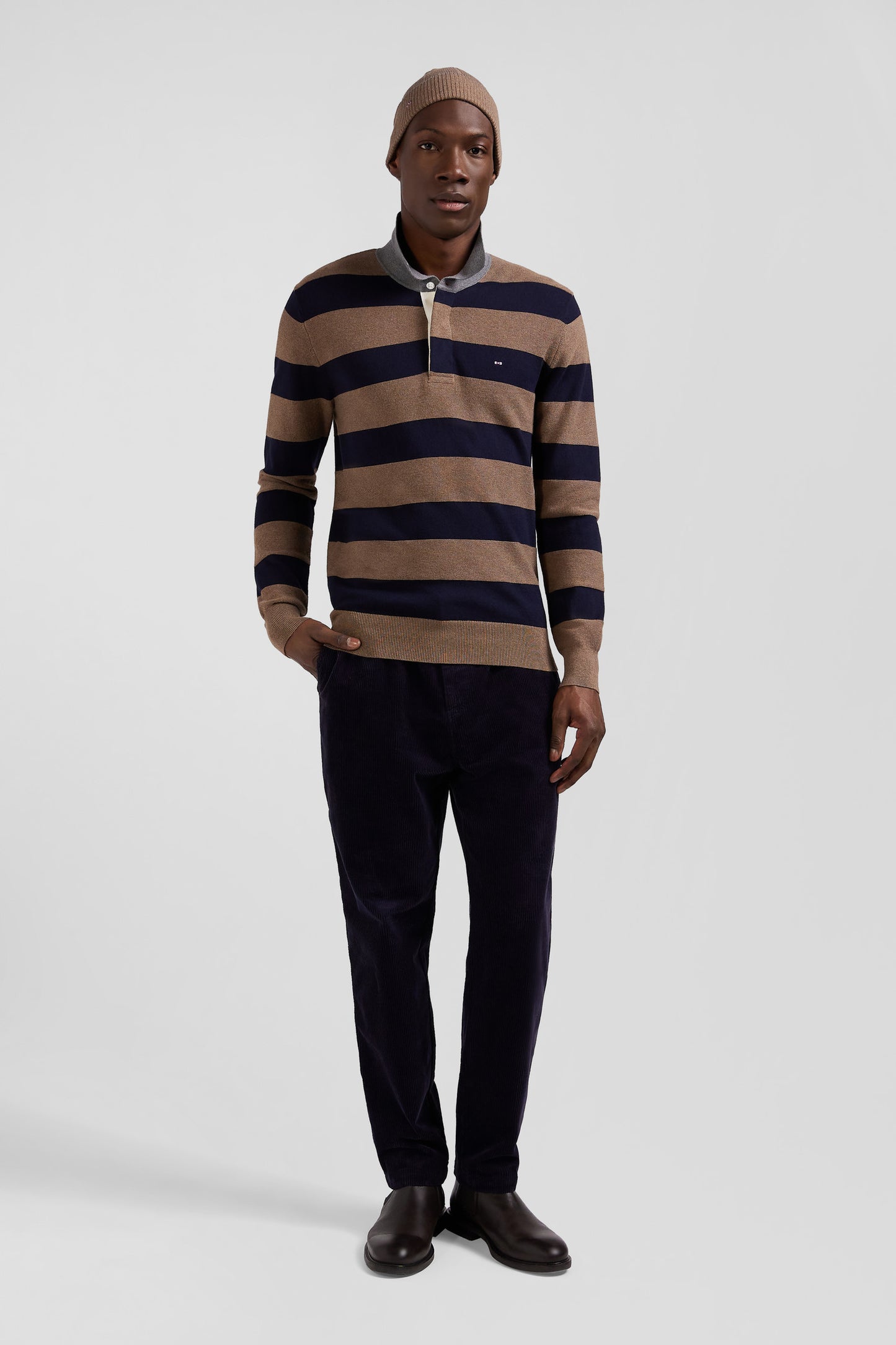 Regular brown striped cotton and cashmere jumper with rugby shirt collar