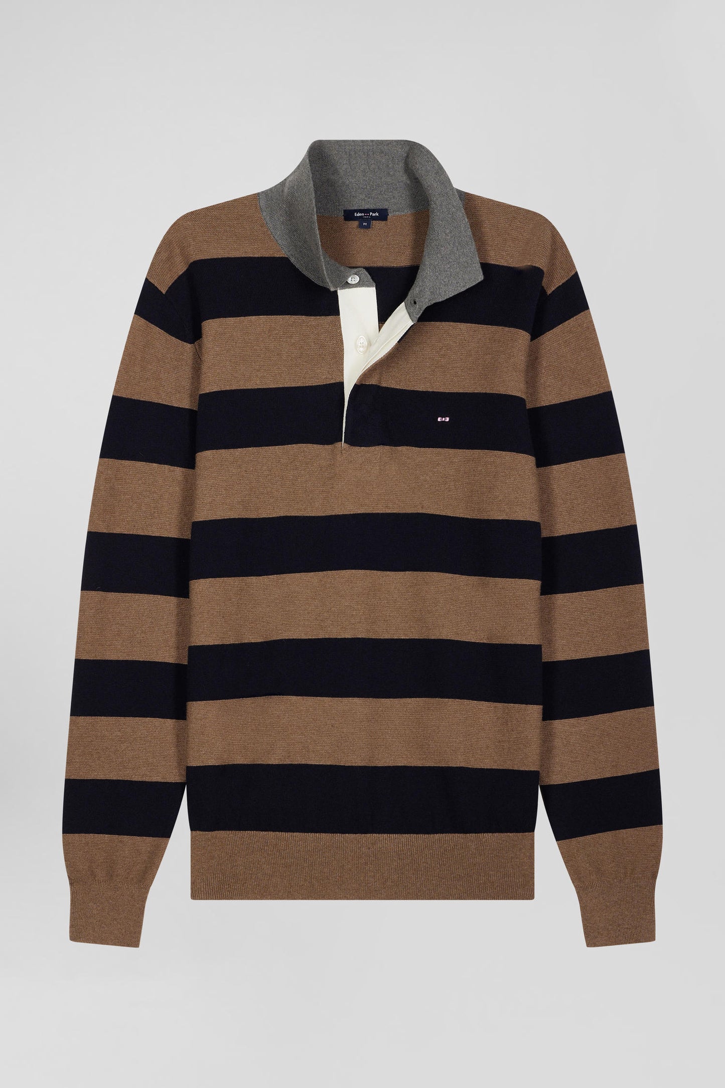 Regular brown striped cotton and cashmere jumper with rugby shirt collar