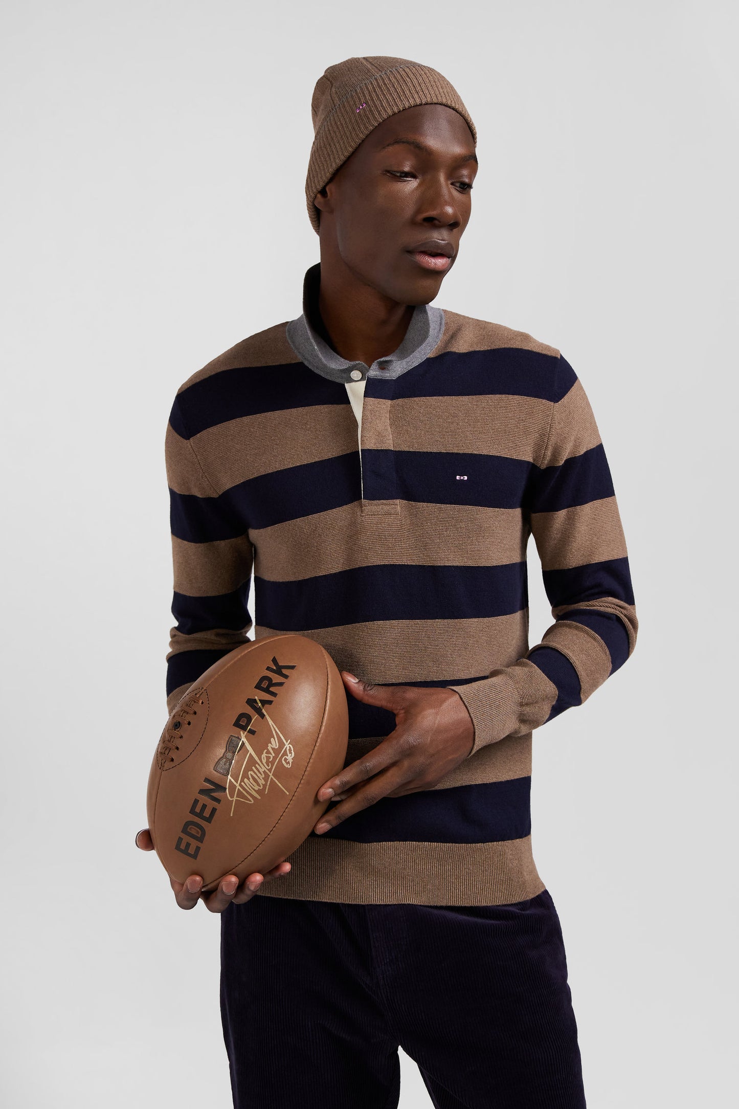 Regular brown striped cotton and cashmere jumper with rugby shirt collar