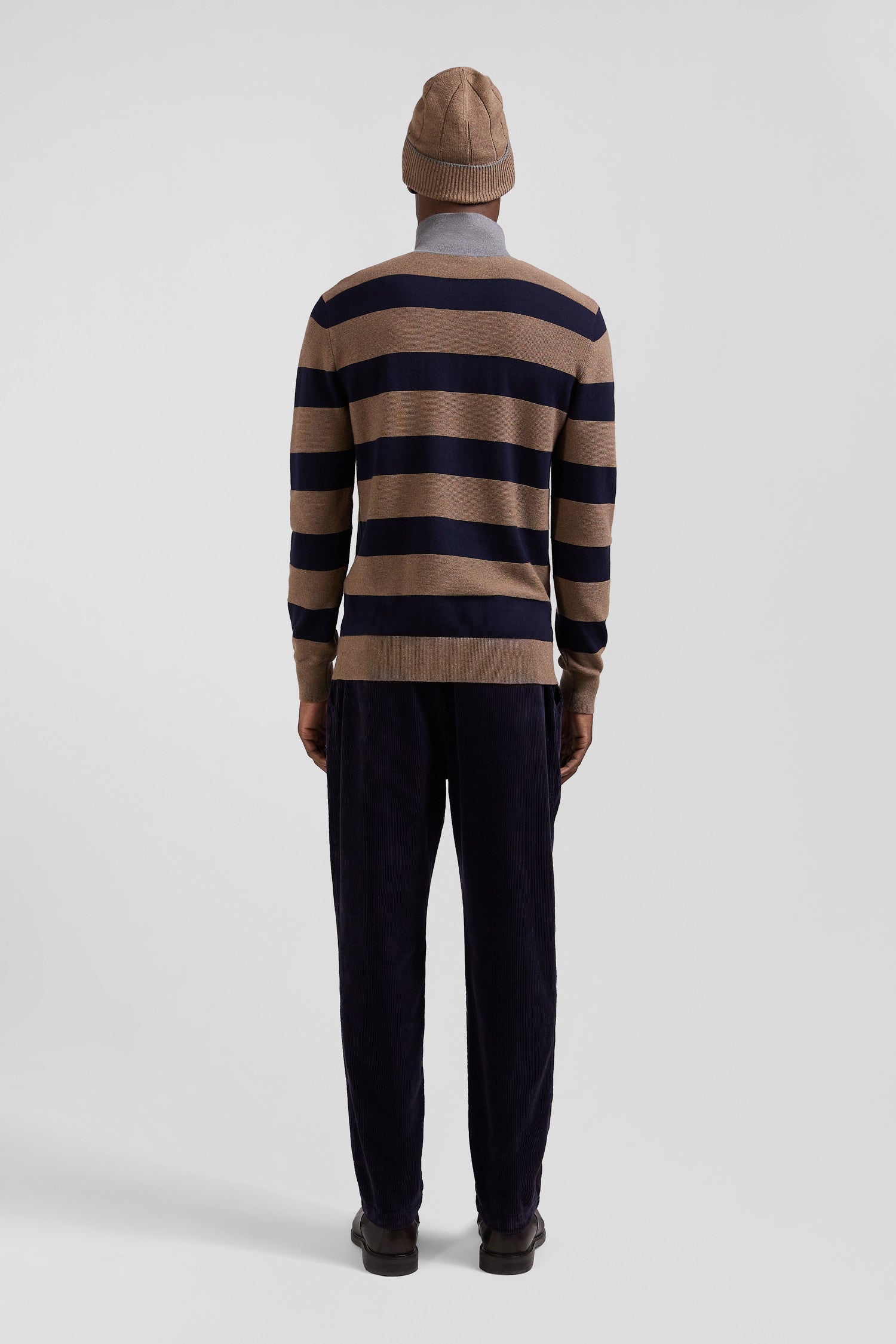 Regular brown striped cotton and cashmere jumper with rugby shirt collar